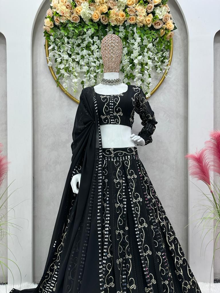 Embellished Thread With Sequence Work Black Color Lehenga Choli