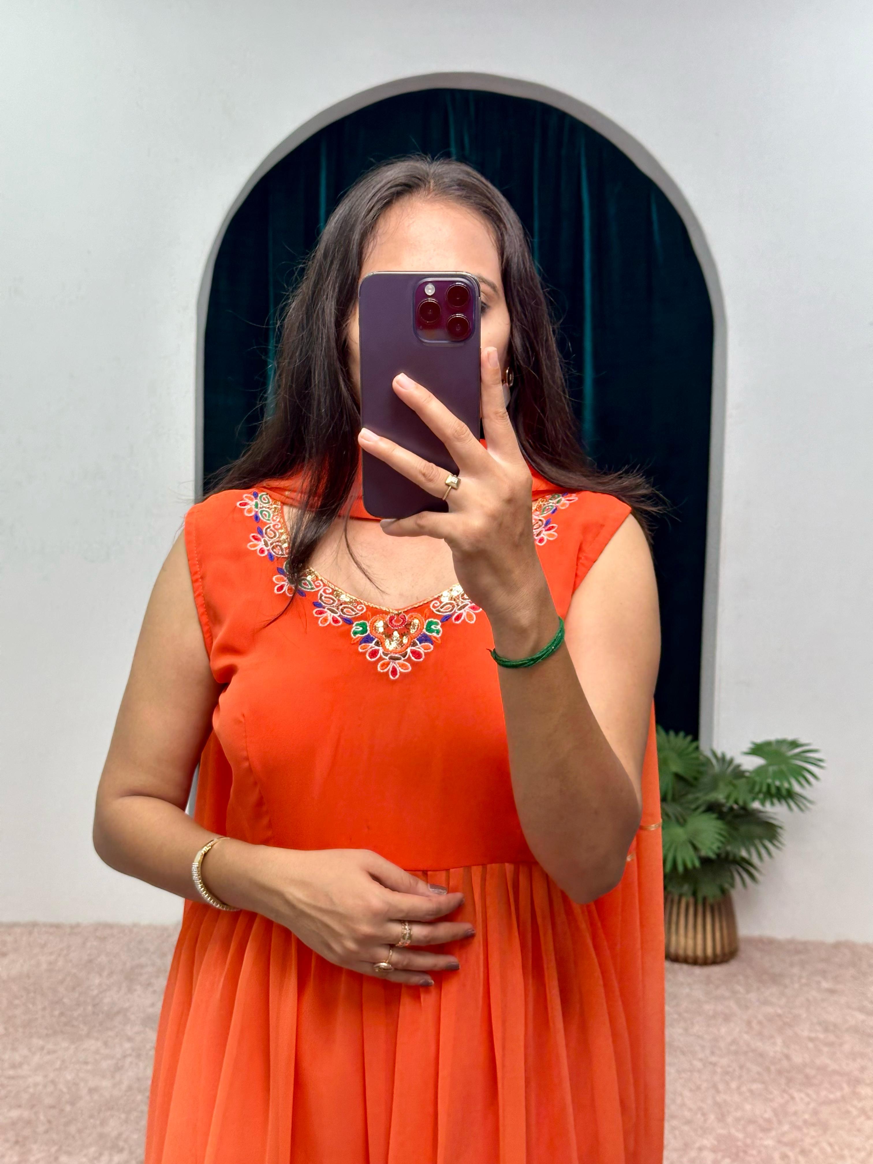 Embellished Embroidery Work Orange Color Palazzo Suit