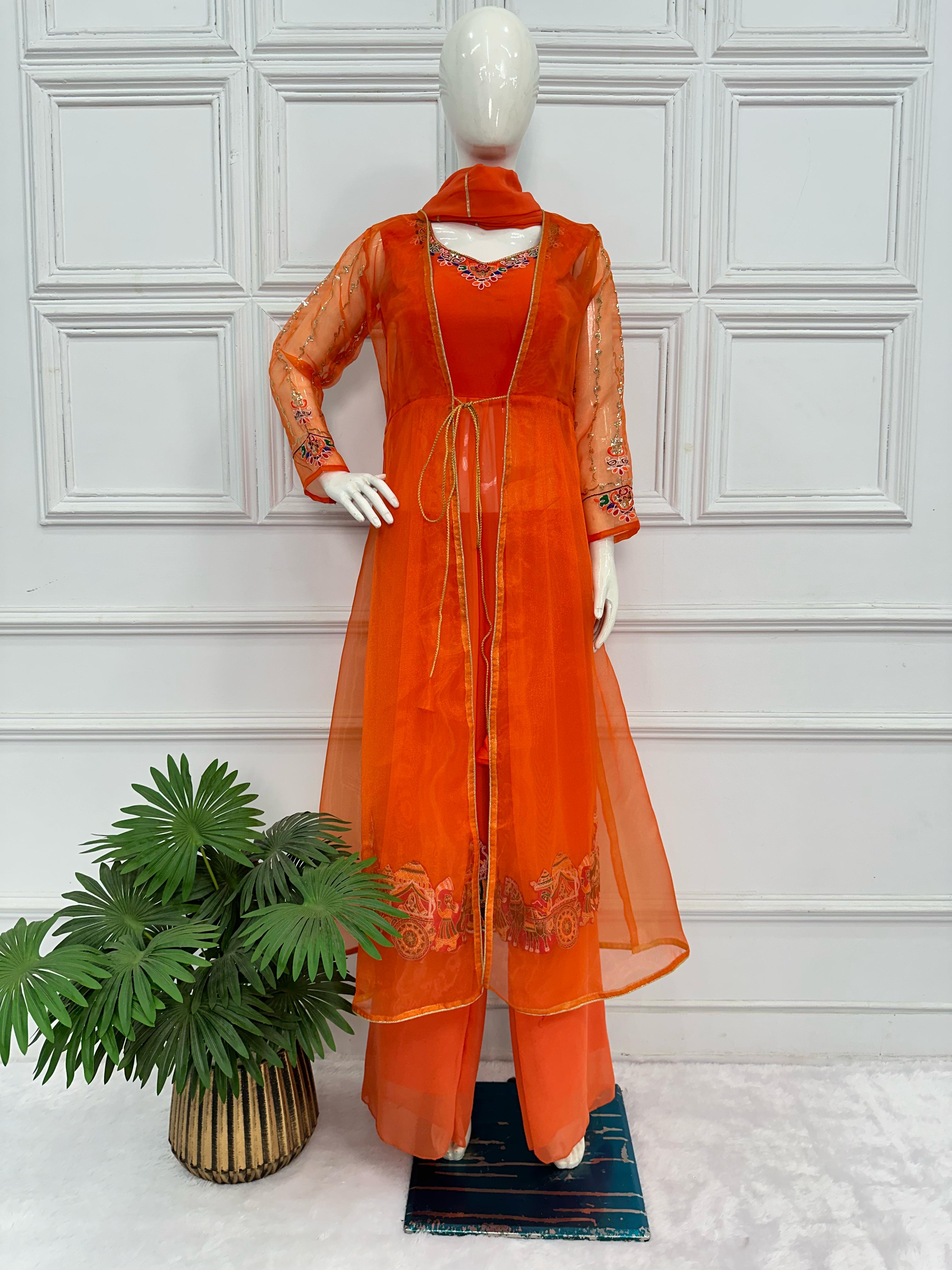 Embellished Embroidery Work Orange Color Palazzo Suit