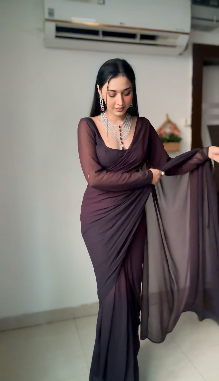 Exotic Chocolate Color Ready To Wear Saree – vastracloth