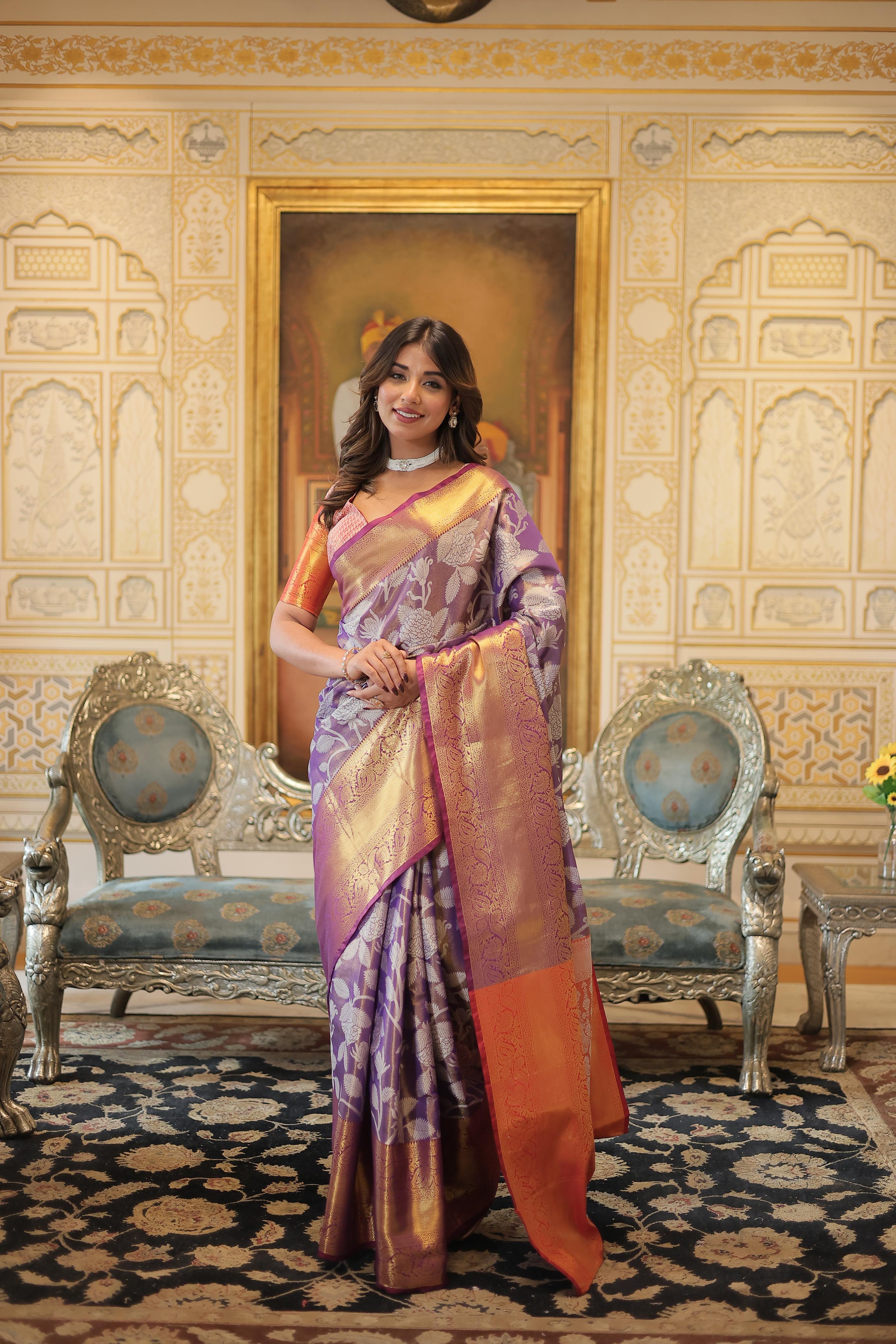 Glimmering Zari Weaving Work Purple Color Saree