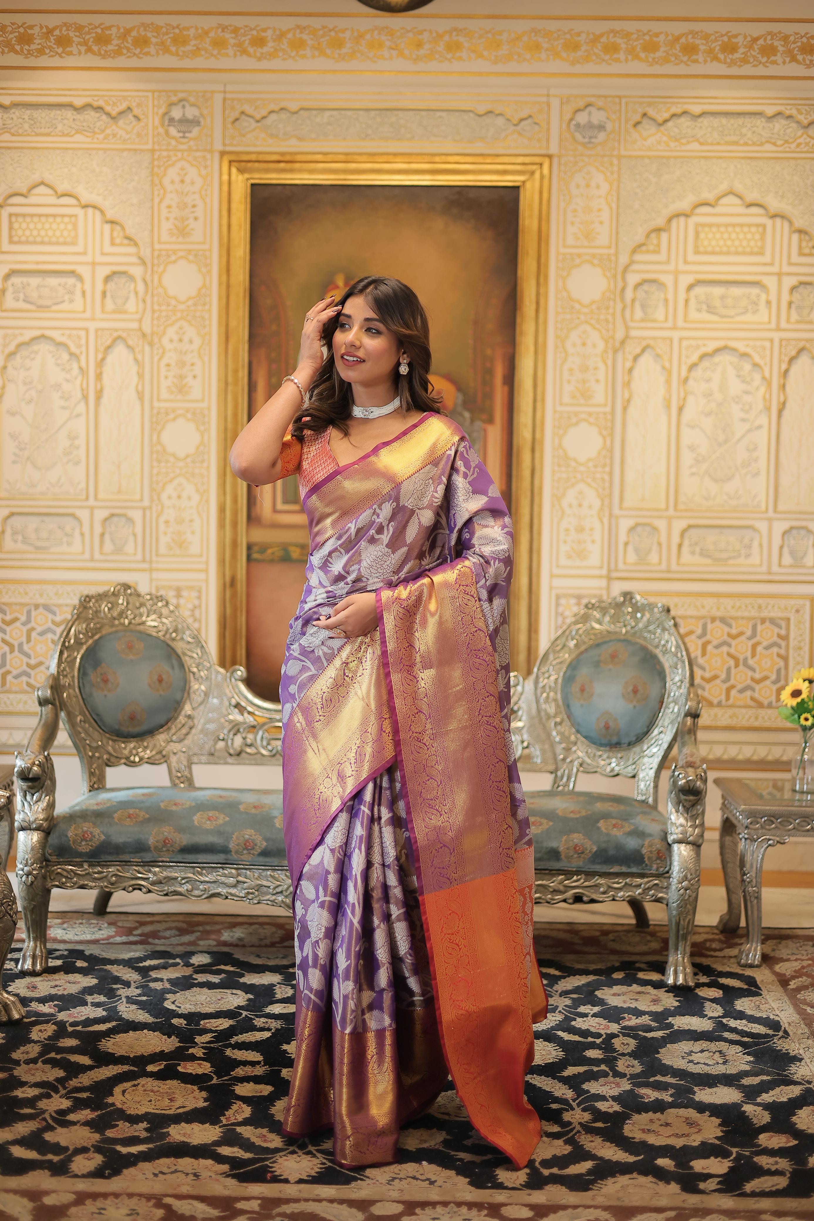 Glimmering Zari Weaving Work Purple Color Saree