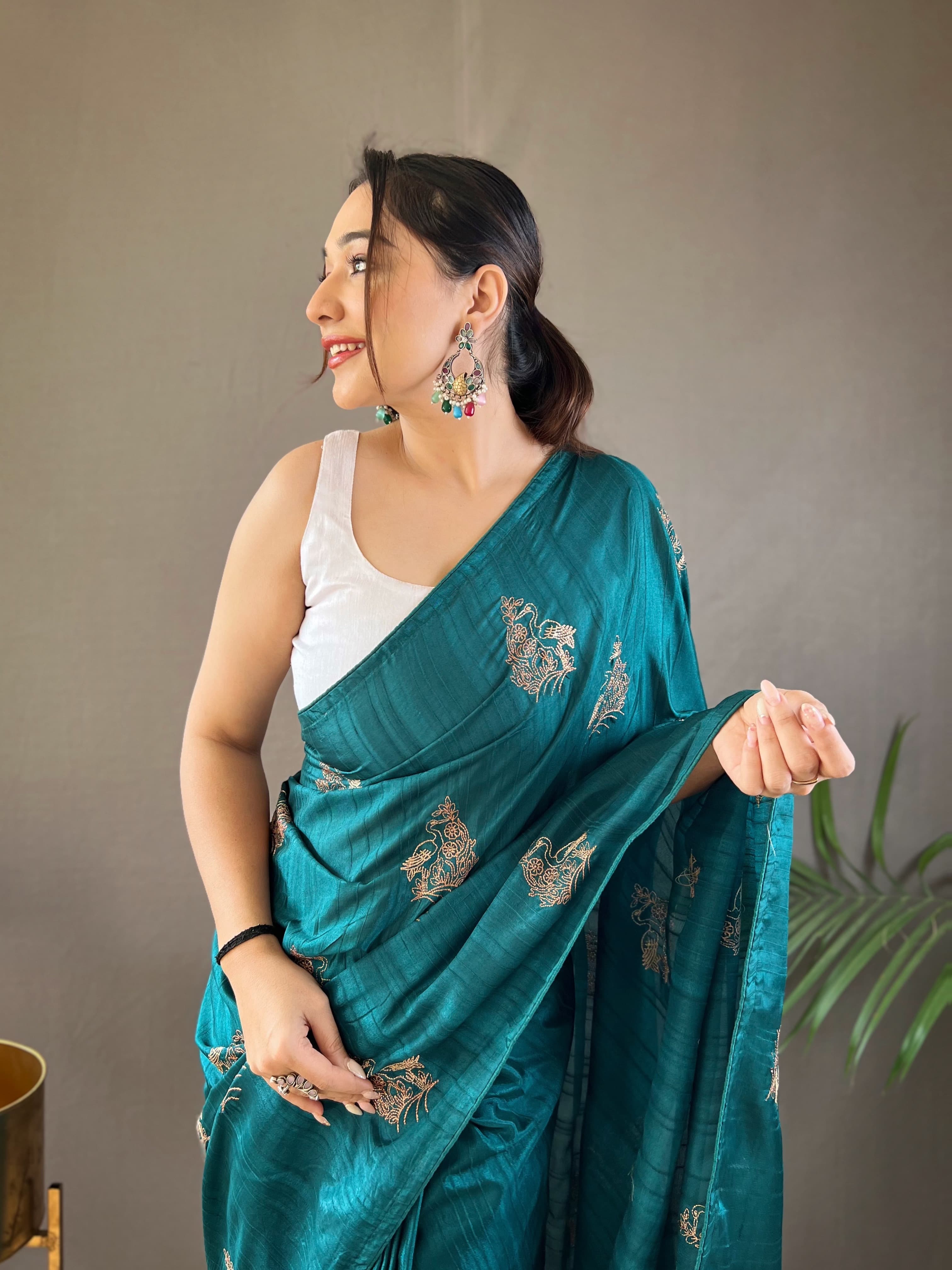Party Wear Teal Blue Zari Based Embroidery Work Silk Saree