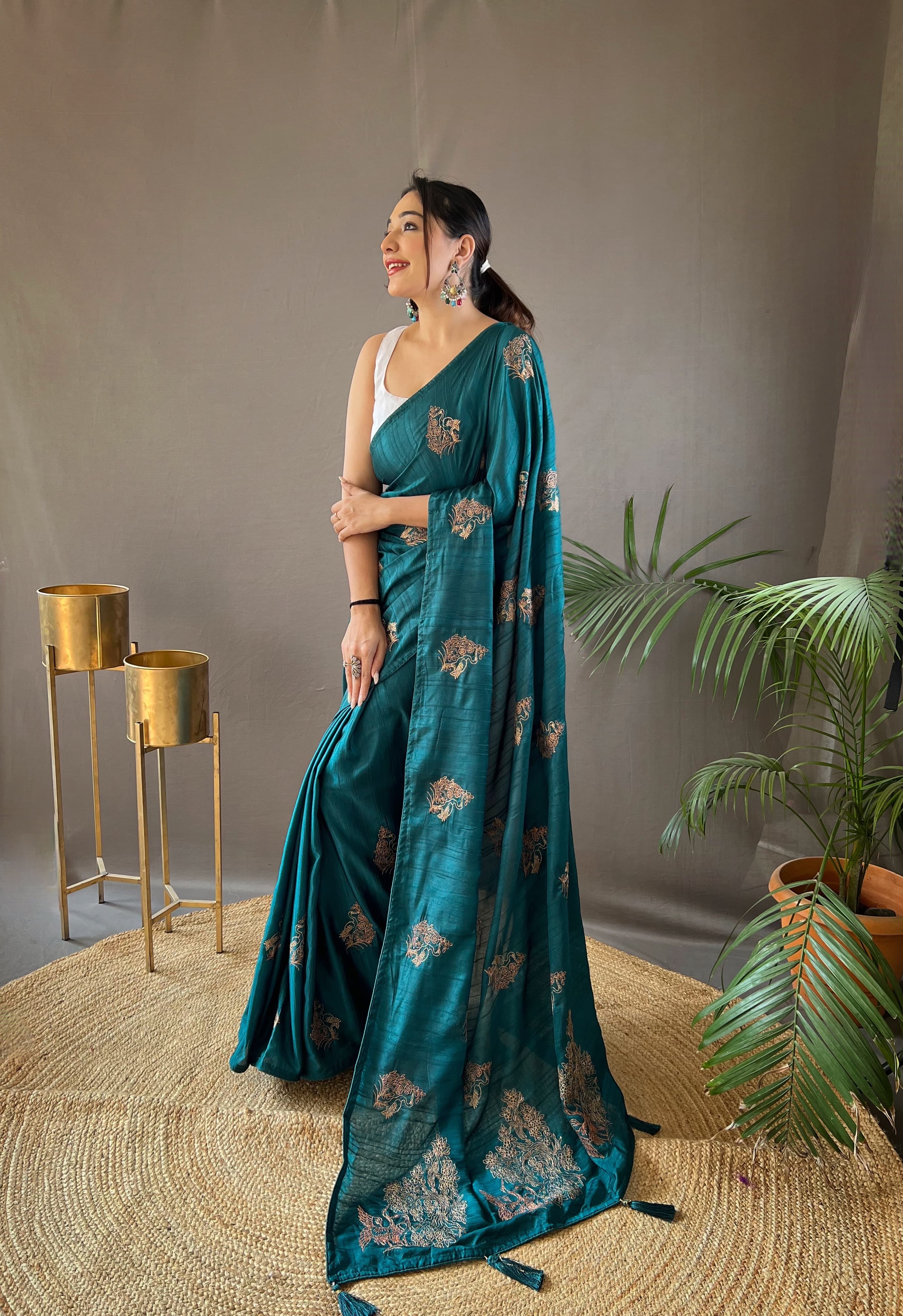 Party Wear Teal Blue Zari Based Embroidery Work Silk Saree