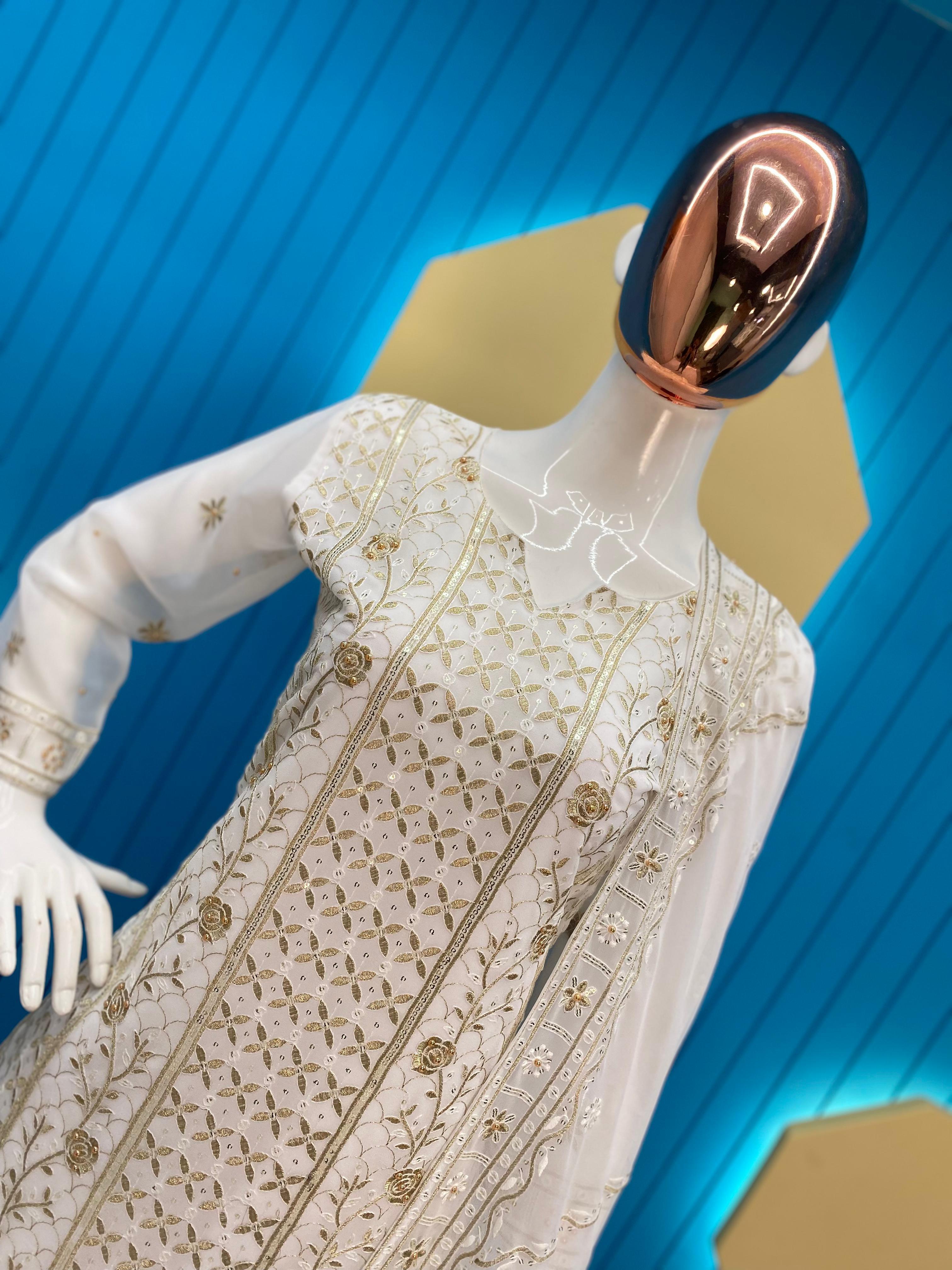 Shining  Embroidery Work White Color Anarkali Suit