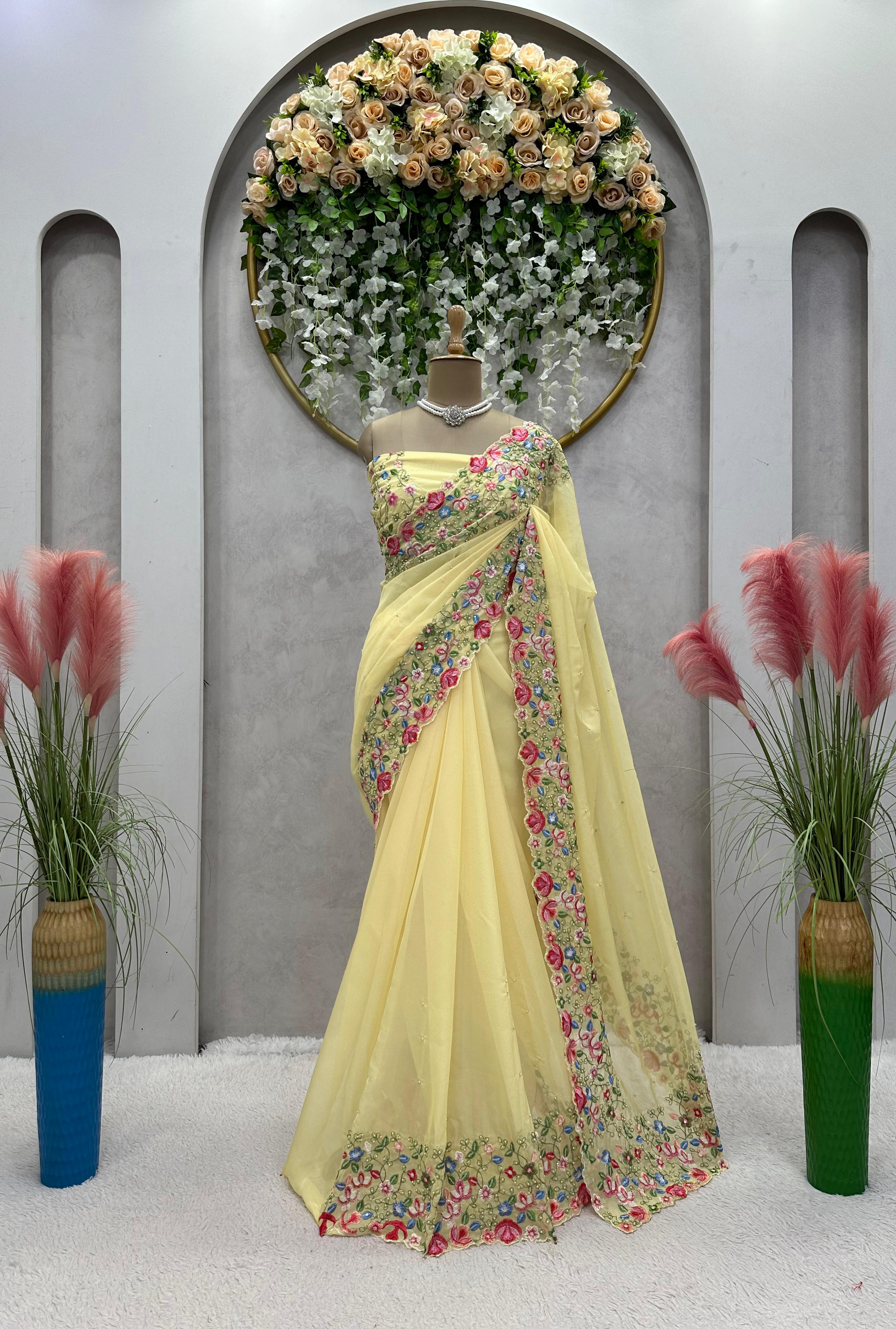 Stunning Sequence Work Yellow Color Saree