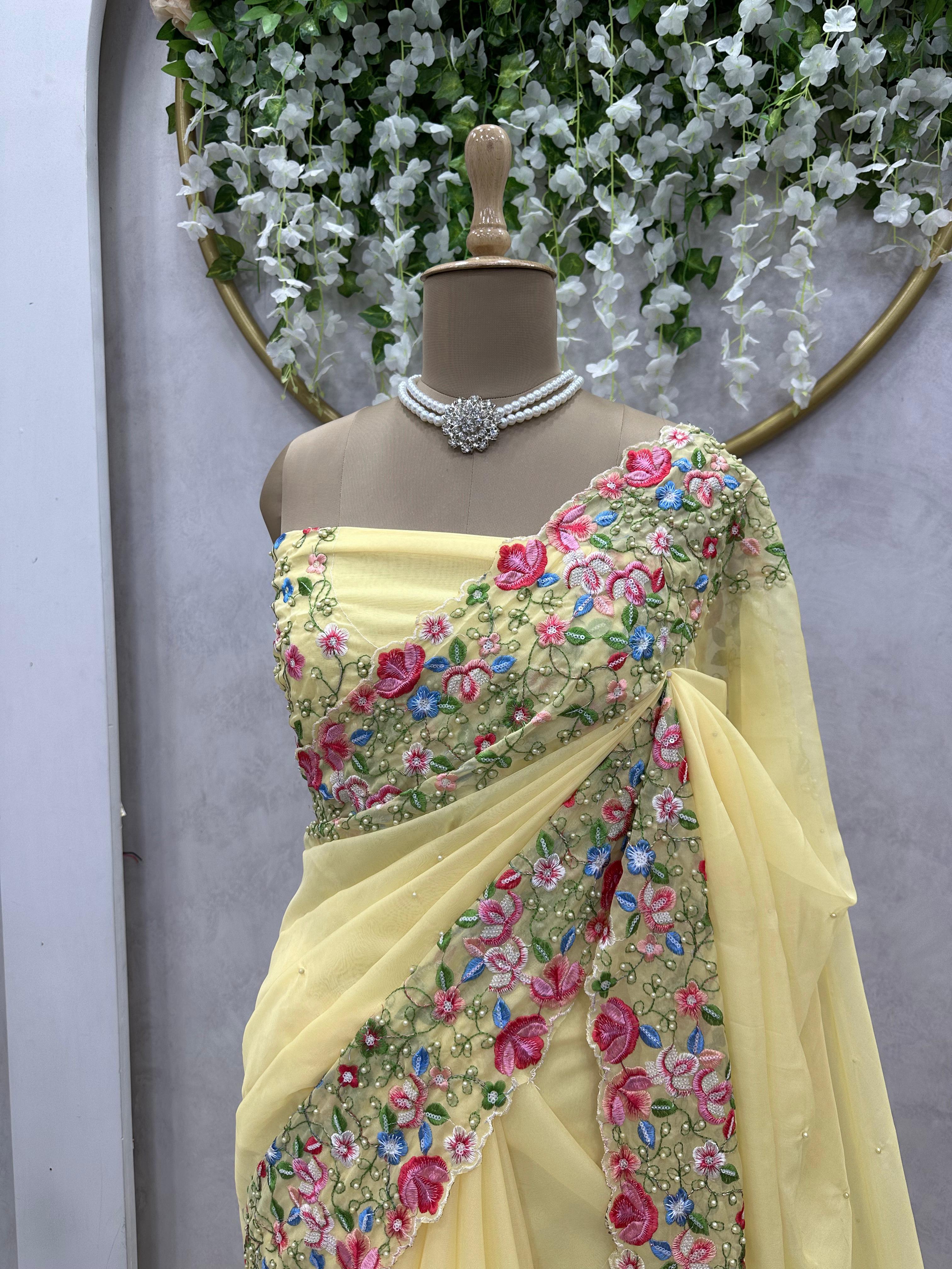 Stunning Sequence Work Yellow Color Saree