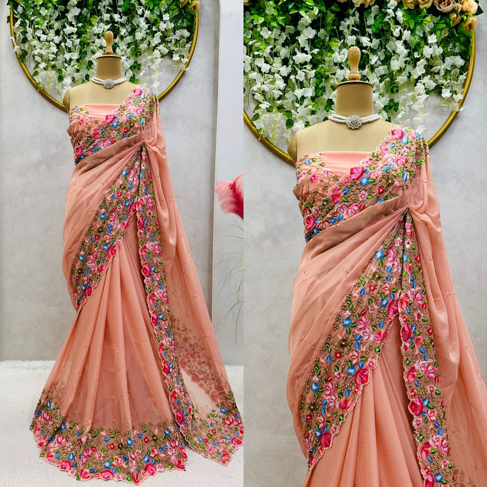 Stunning Sequence Work Peach Color Saree