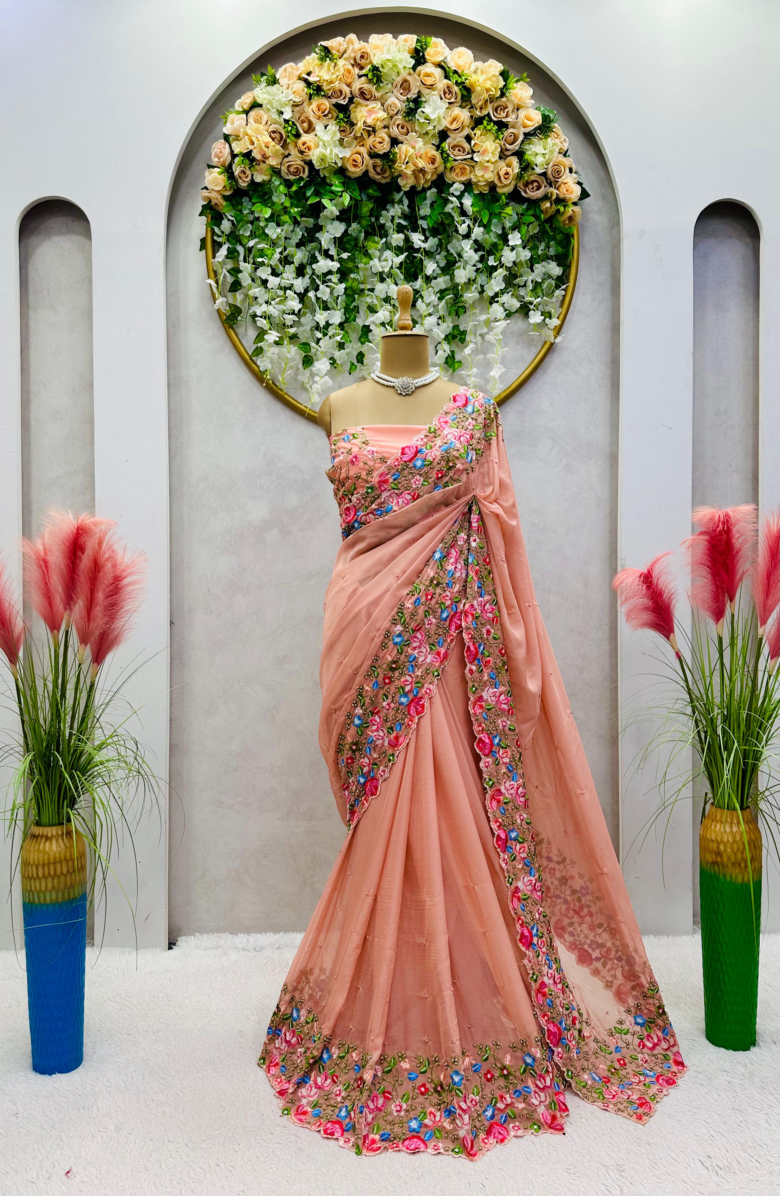 Stunning Sequence Work Peach Color Saree