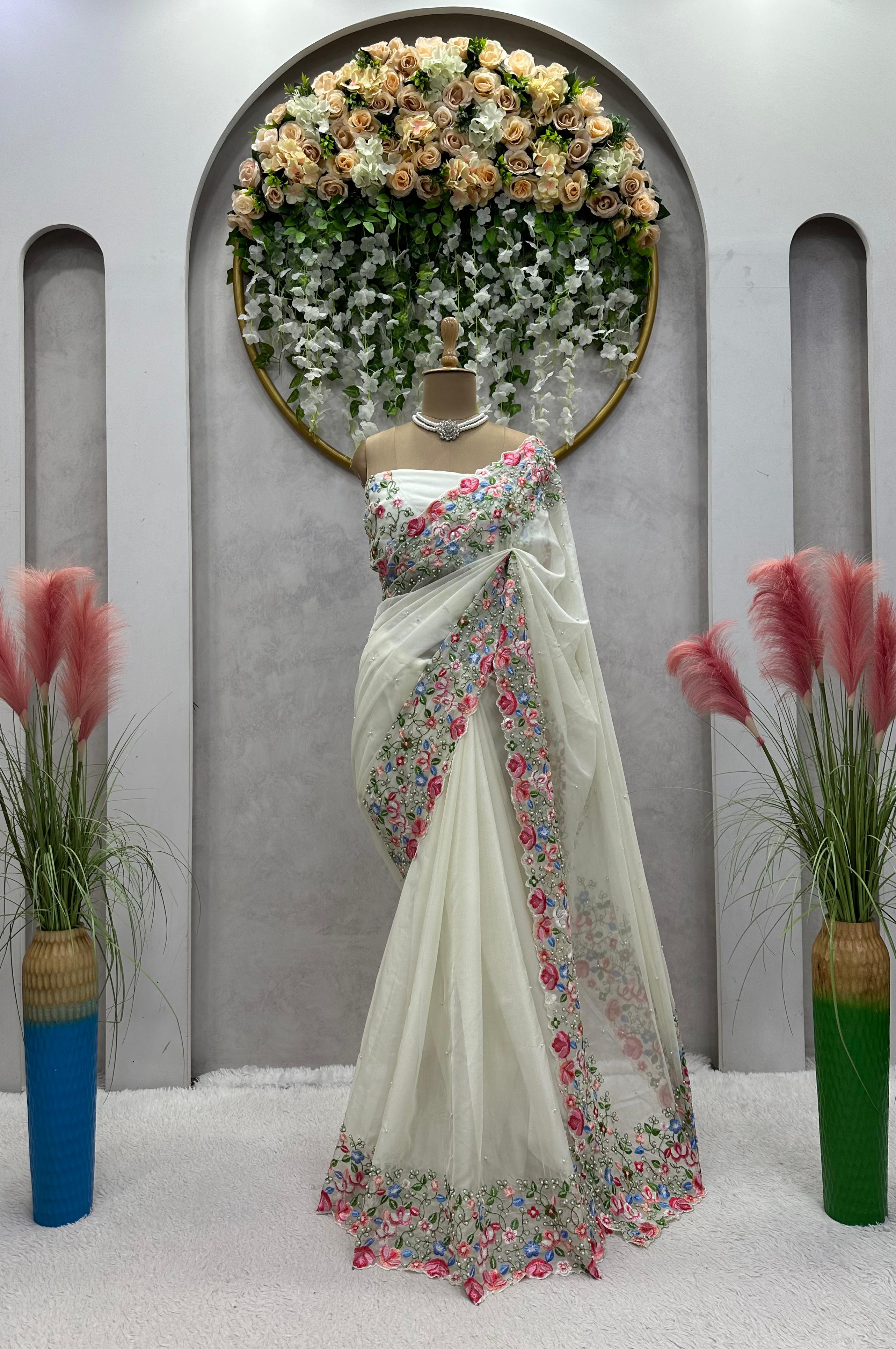 Stunning Sequence Work White Color Saree