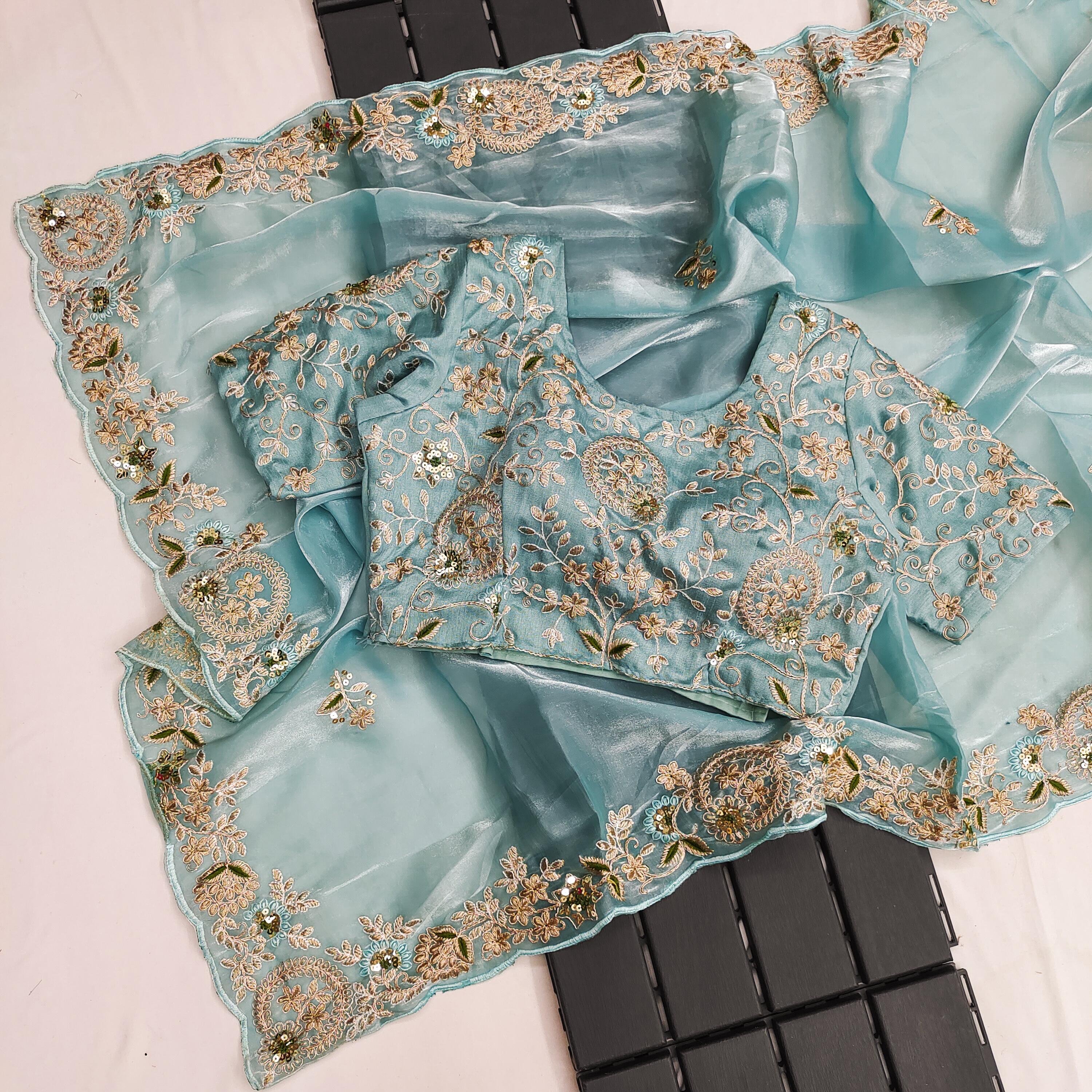 Embellished Embroidery Sky Blue Color Saree