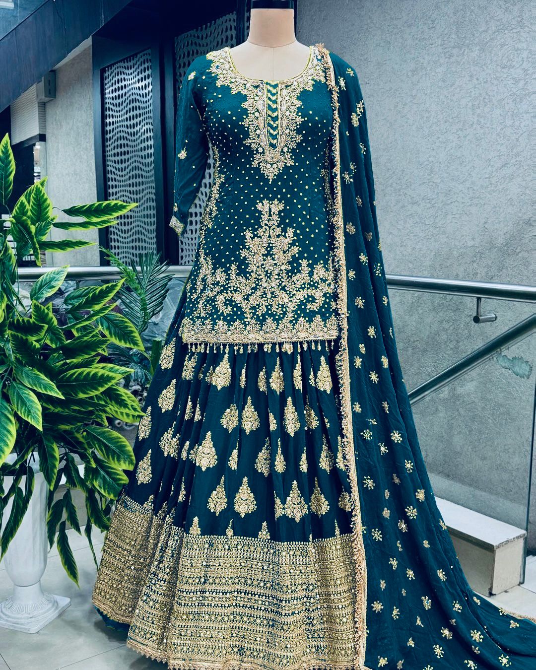 Presenting Embroidery Sequence Work Teal Color Sharara Suit