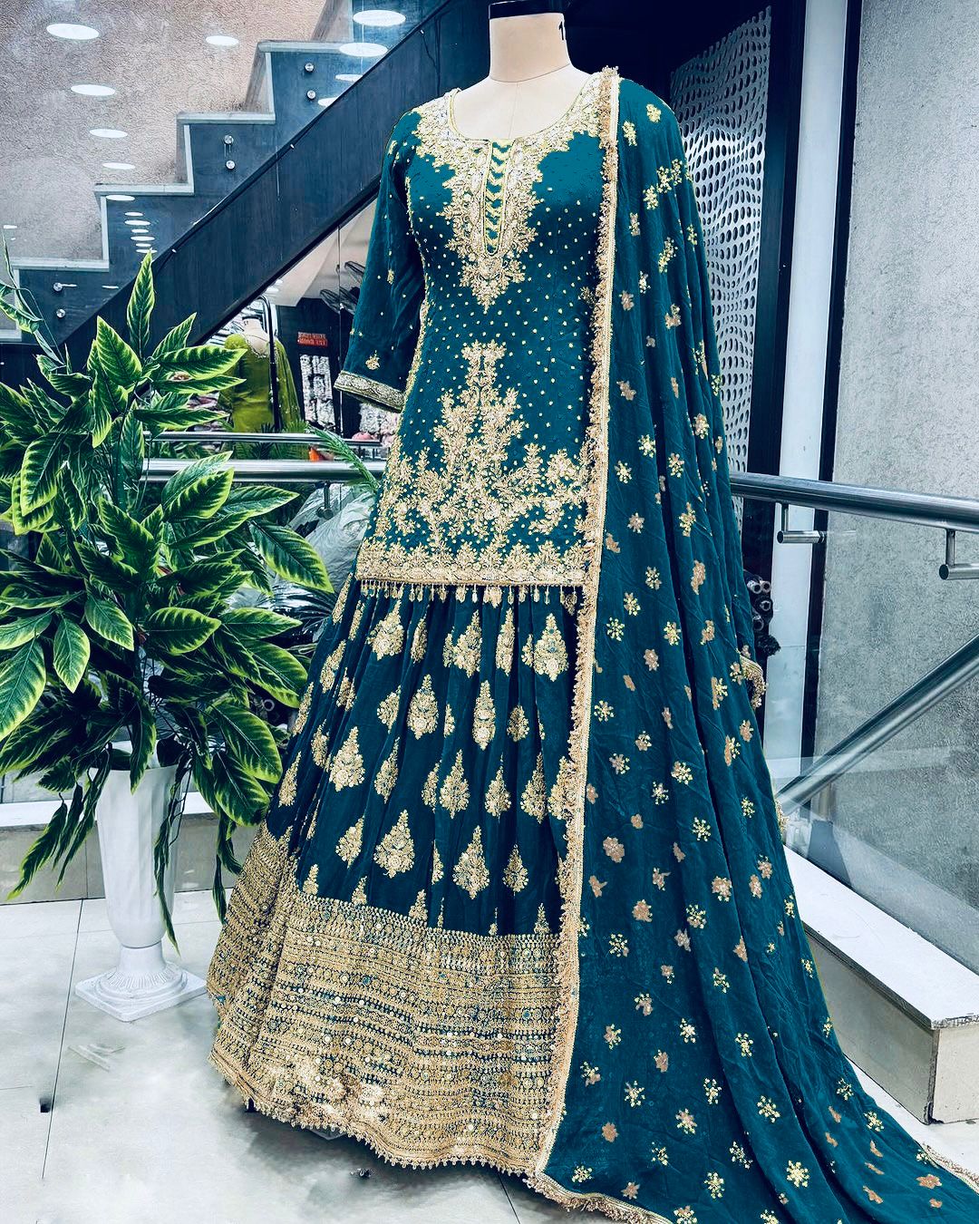 Presenting Embroidery Sequence Work Teal Color Sharara Suit