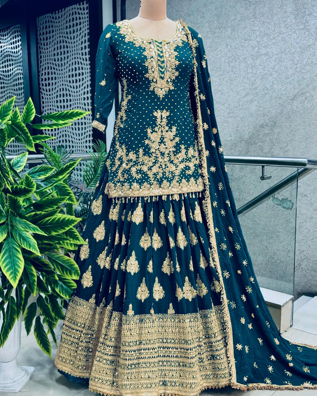 Presenting Embroidery Sequence Work Teal Color Sharara Suit