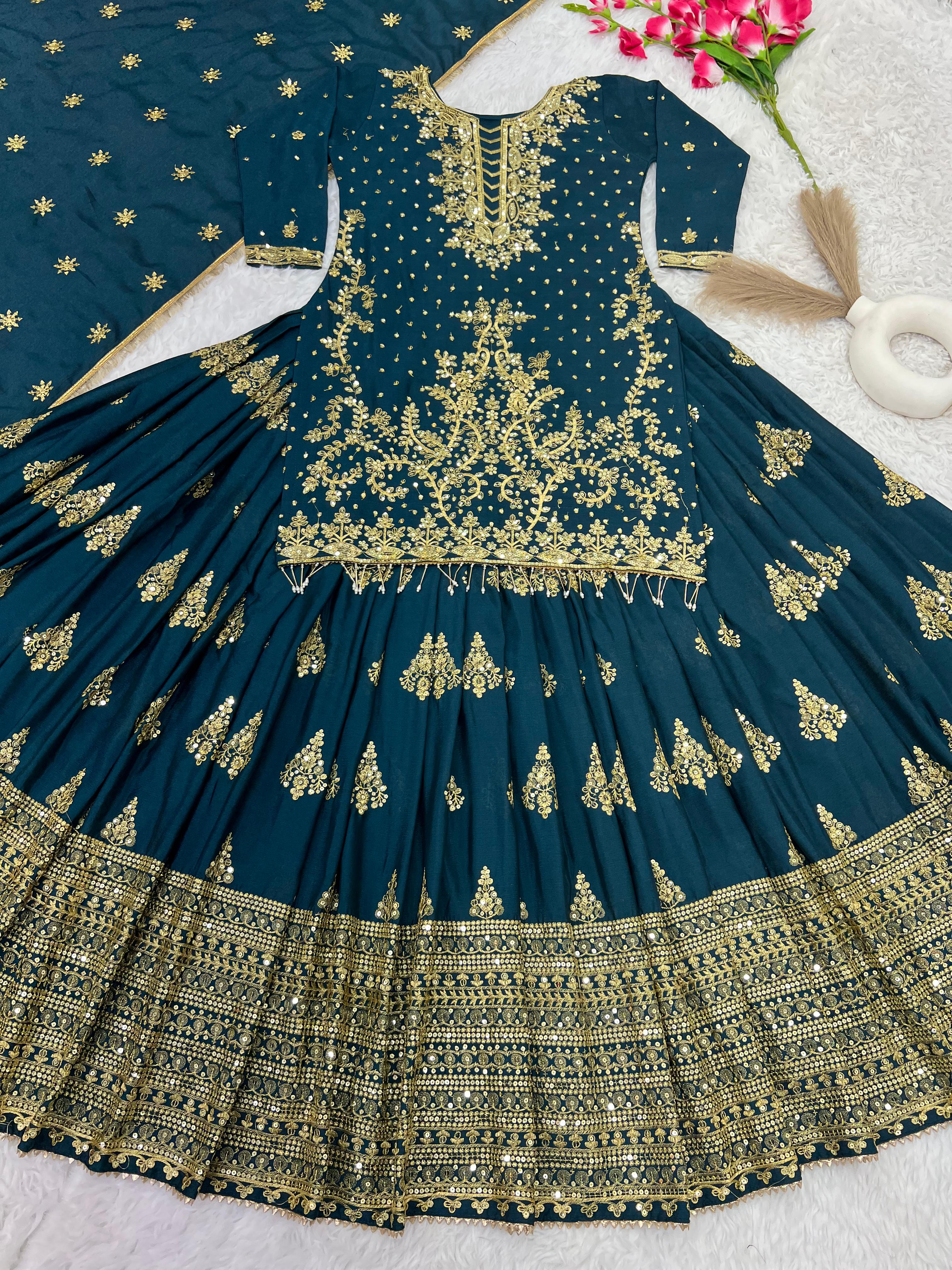 Presenting Embroidery Sequence Work Teal Color Sharara Suit