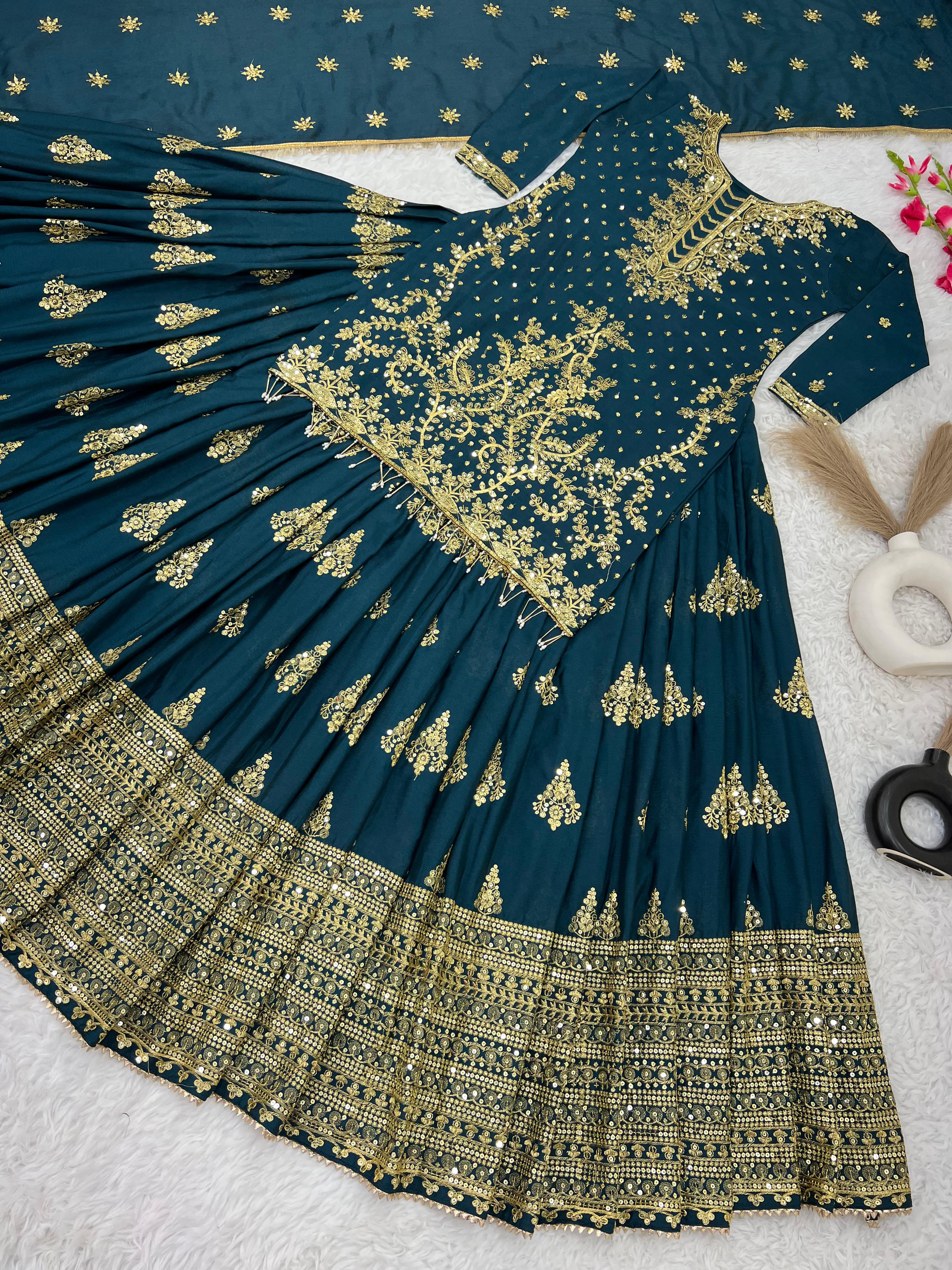 Presenting Embroidery Sequence Work Teal Color Sharara Suit