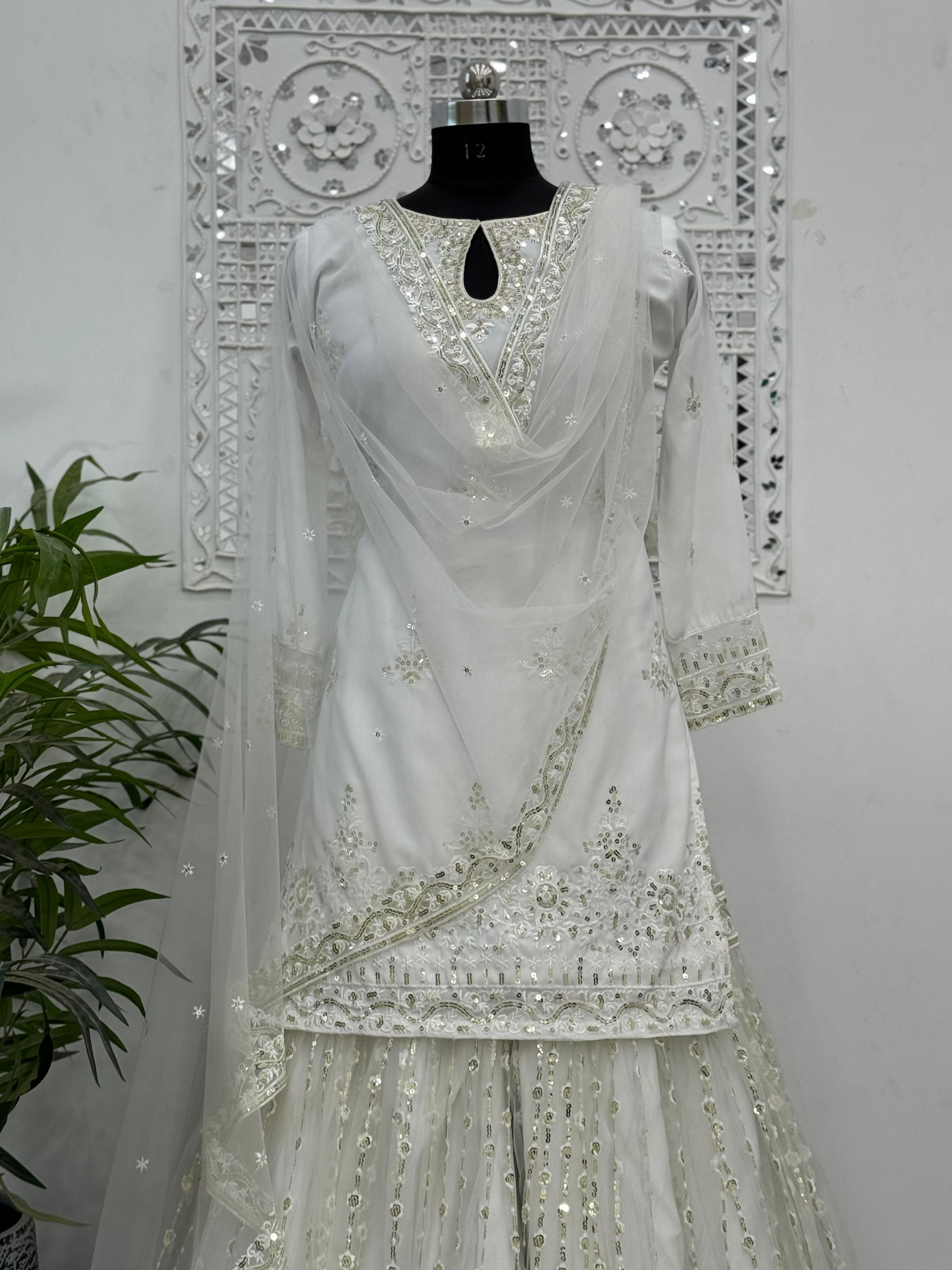 Outstanding  Sequins Work White Color Sharara Suit