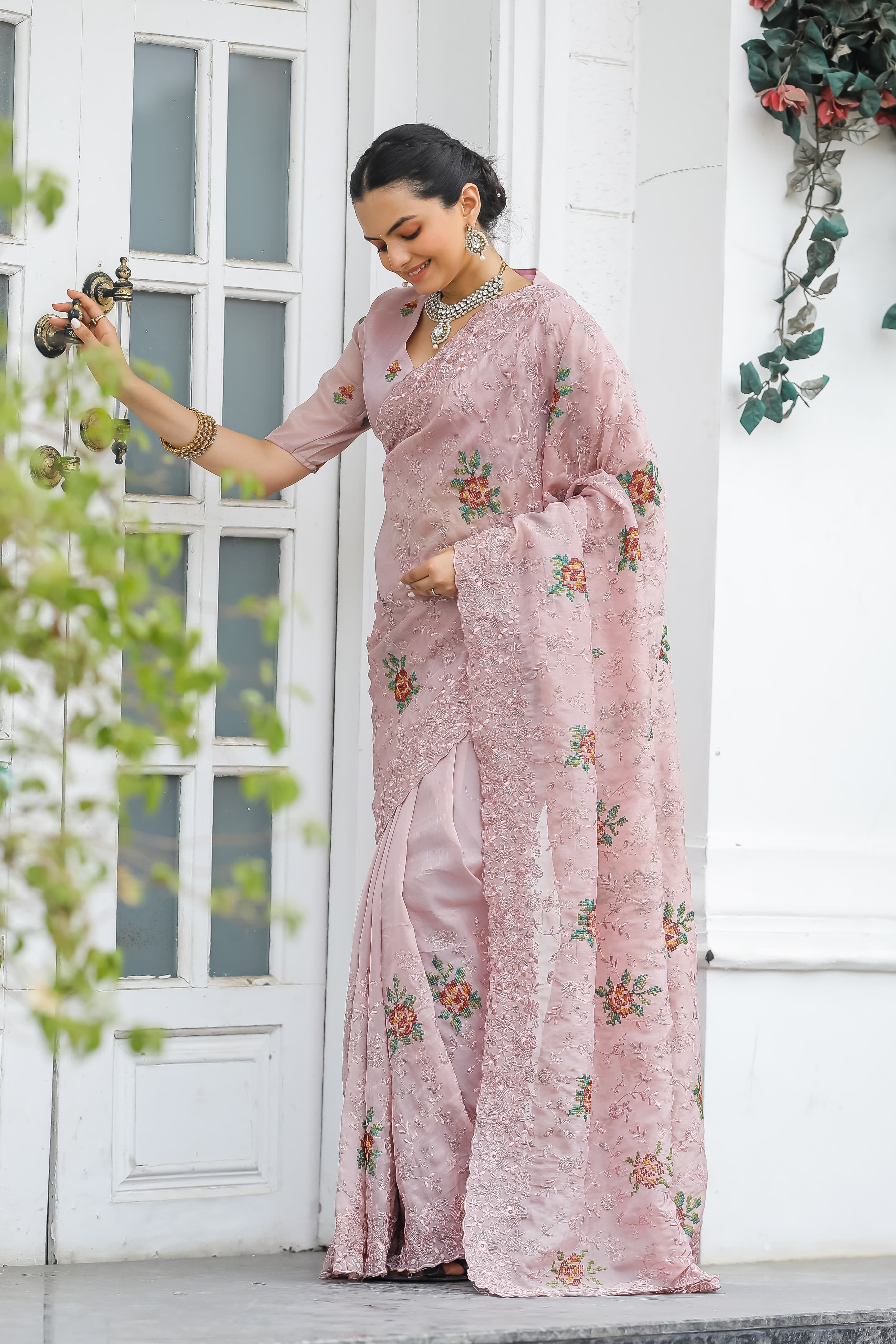 Glimmering Peach Color Embroidery With Cut Work Saree