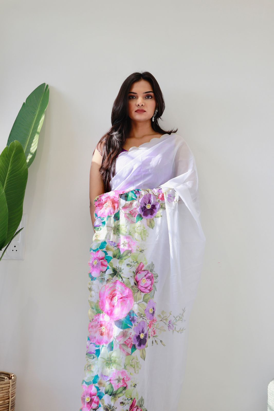 Amazing Floral Panel Designs White Color Saree