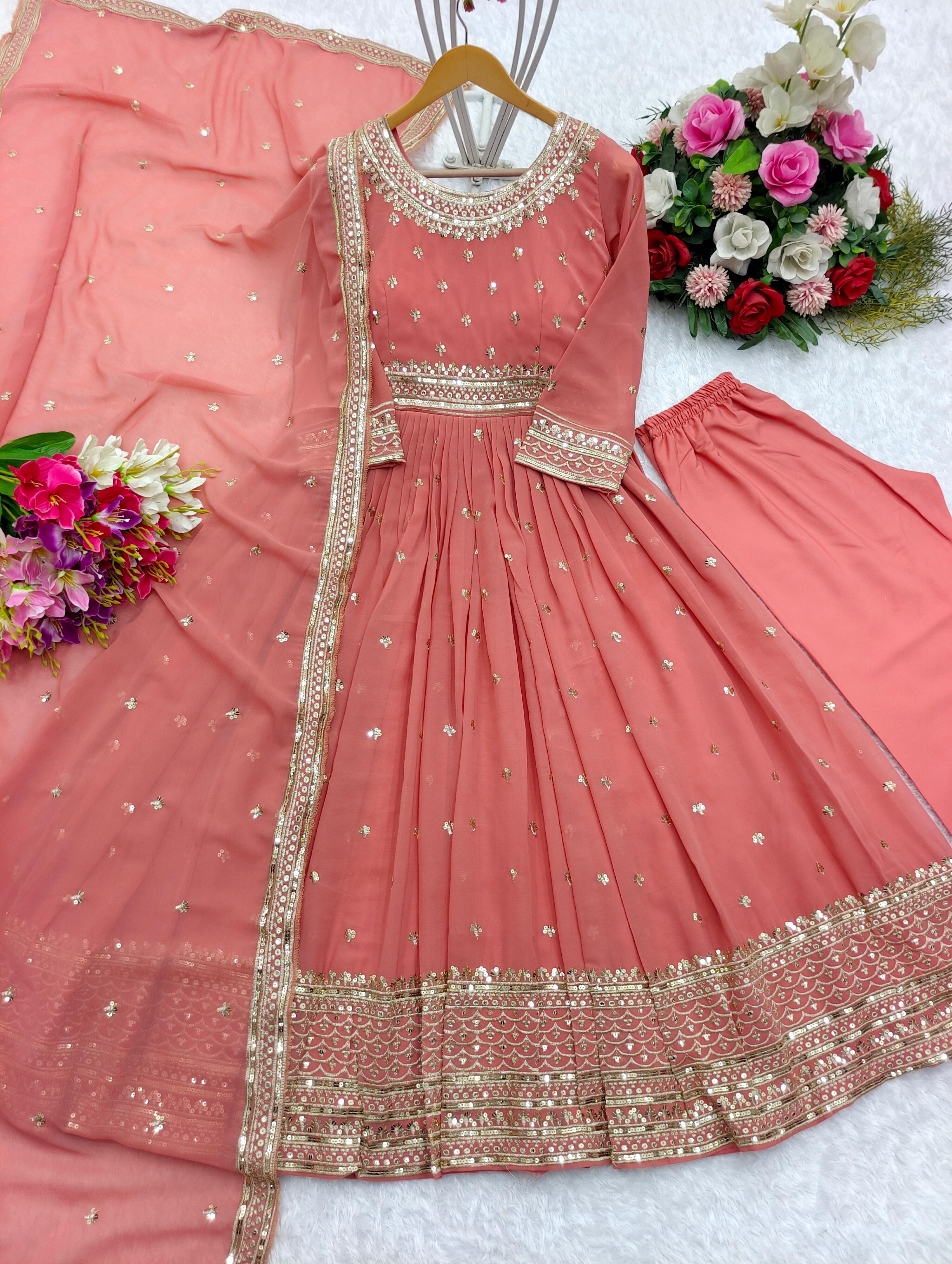 Stunning Embroidery Work Peach Color Gown