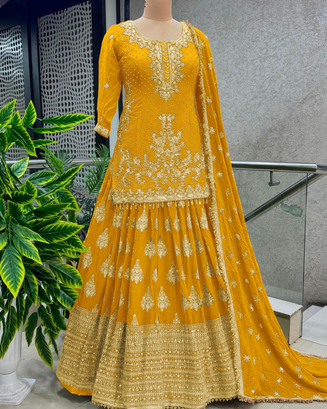 Good Looking Yellow Ceremony Wear Embroidery Work Lehenga With Top