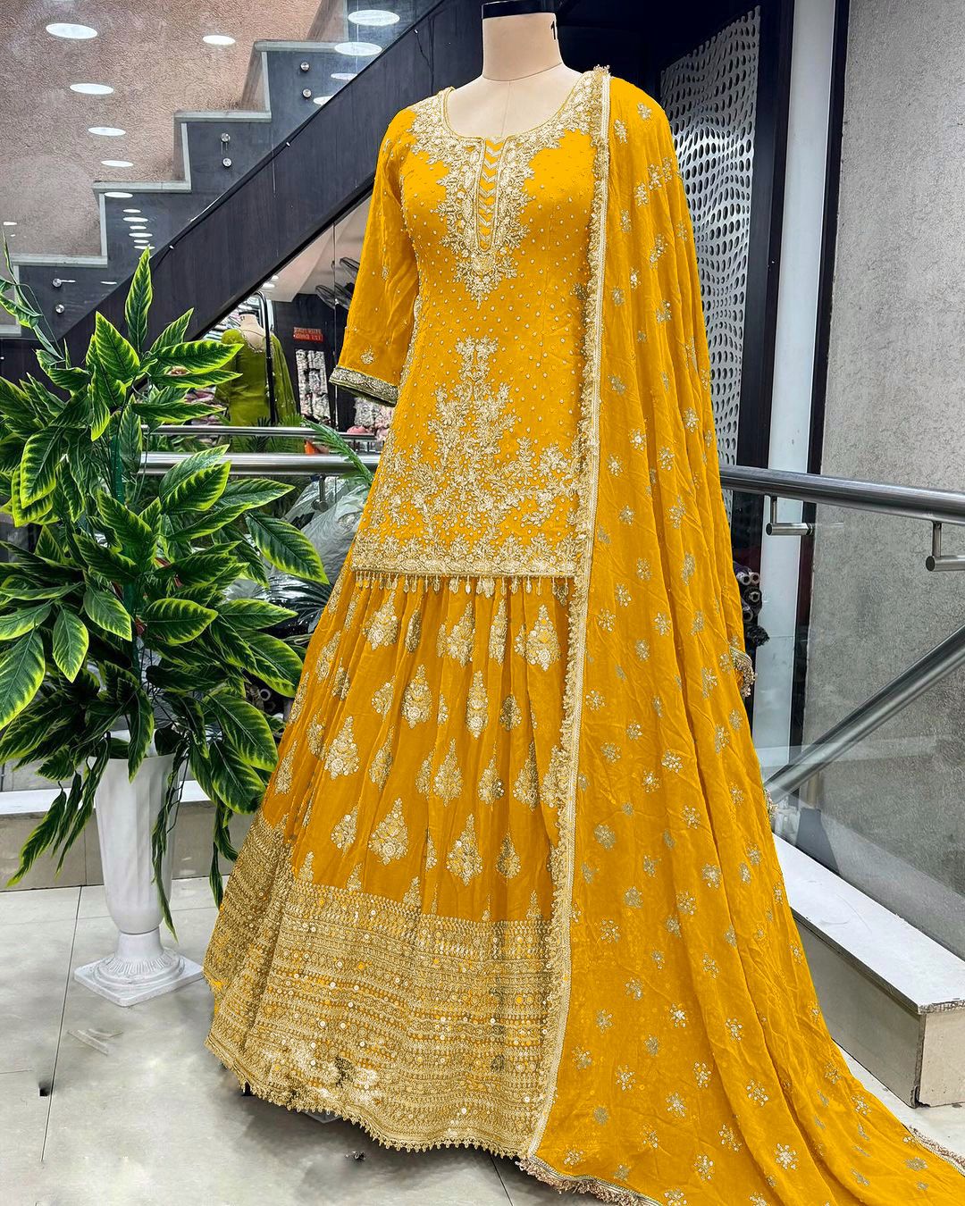 Good Looking Yellow Ceremony Wear Embroidery Work Lehenga With Top