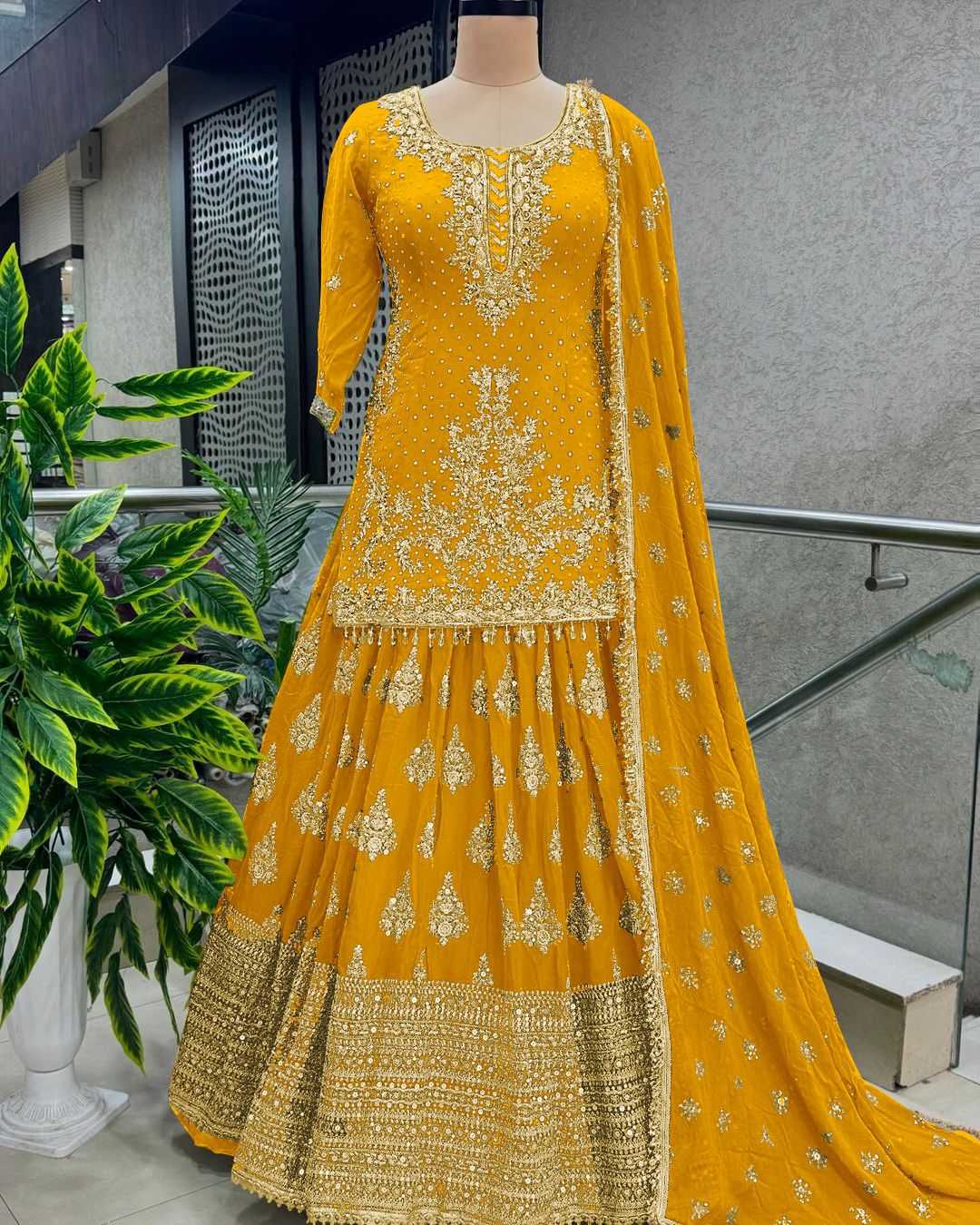 Good Looking Yellow Ceremony Wear Embroidery Work Lehenga With Top