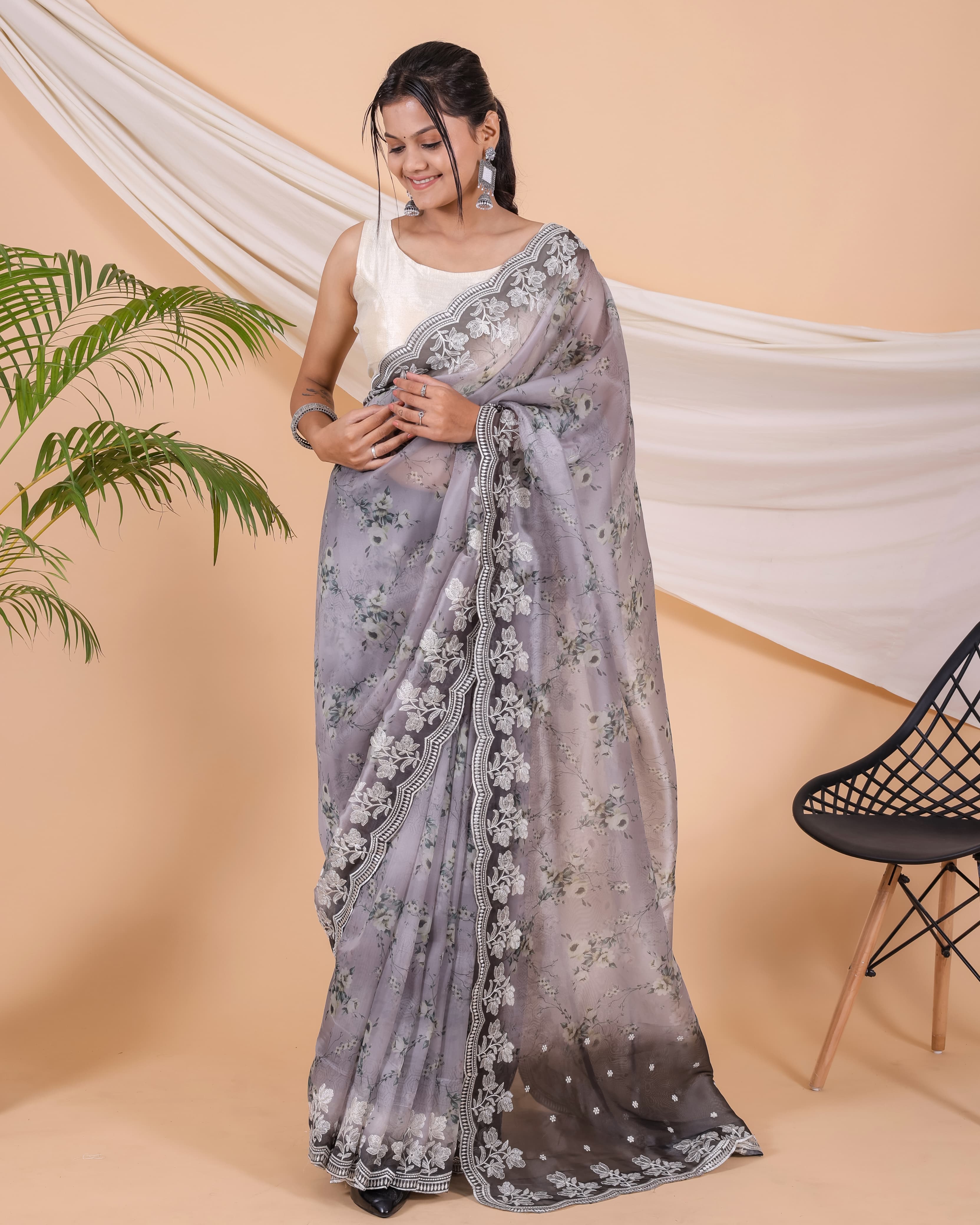 Gorgeous Floral Print With Thread Work Grey Saree