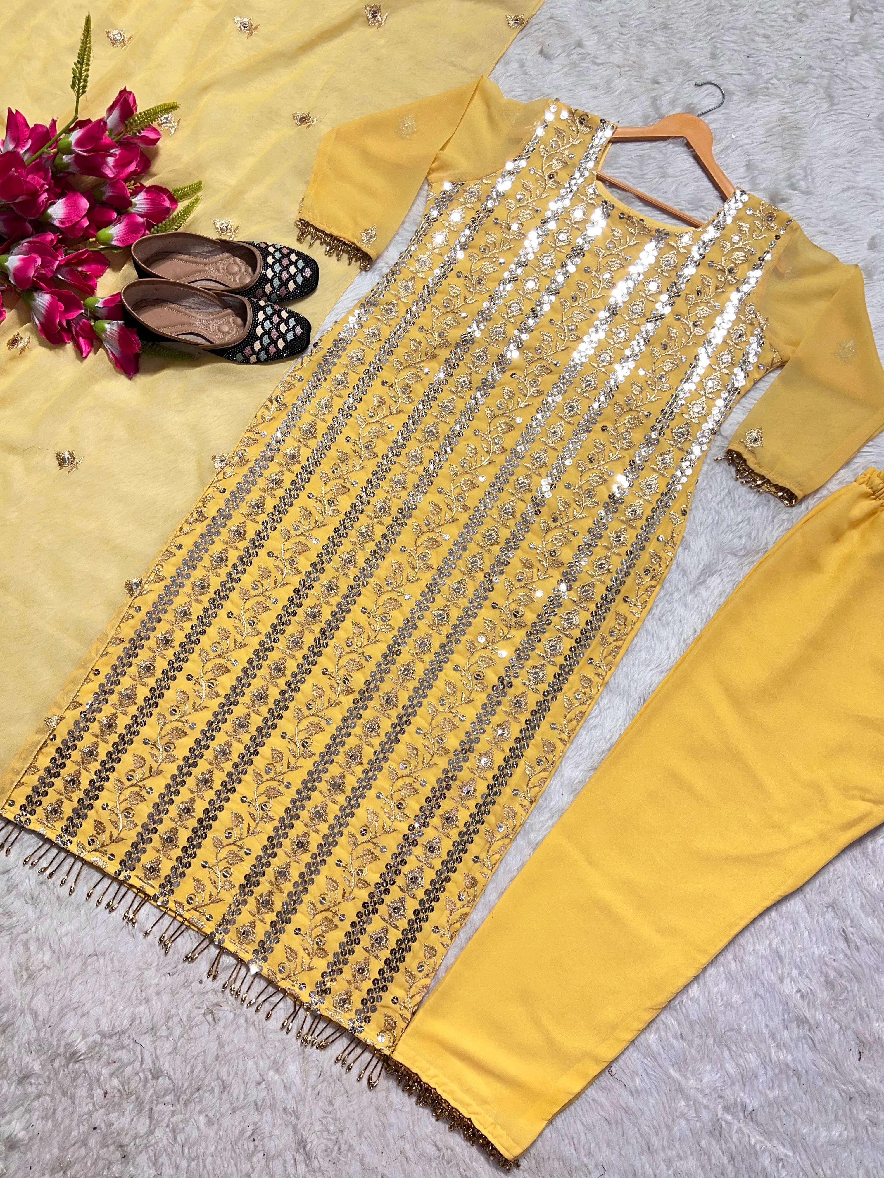 Glimmering Embroidery Work Yellow Color Anarkali Suit