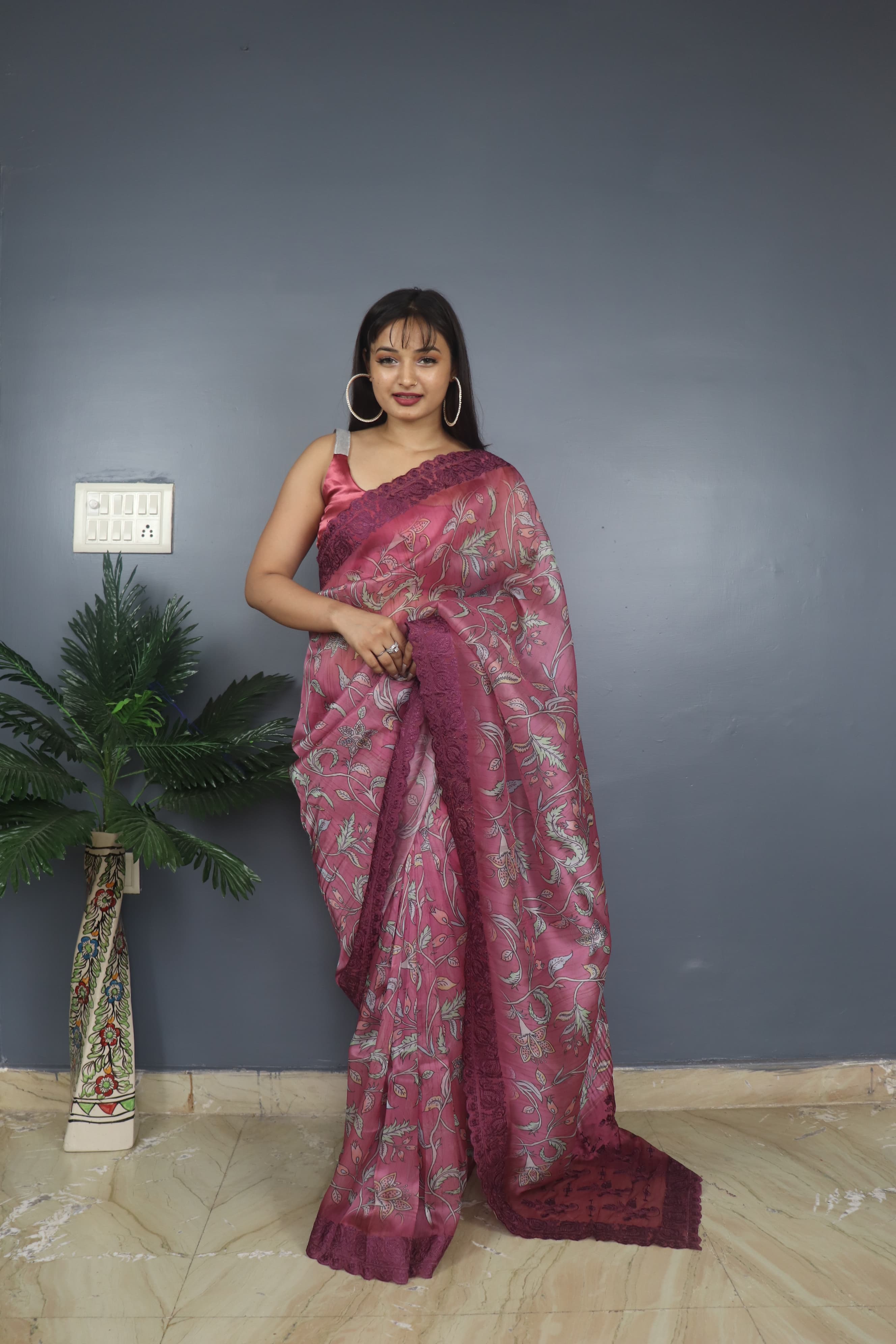 Organza Silk Wine Beautiful Kalamkari Print Saree