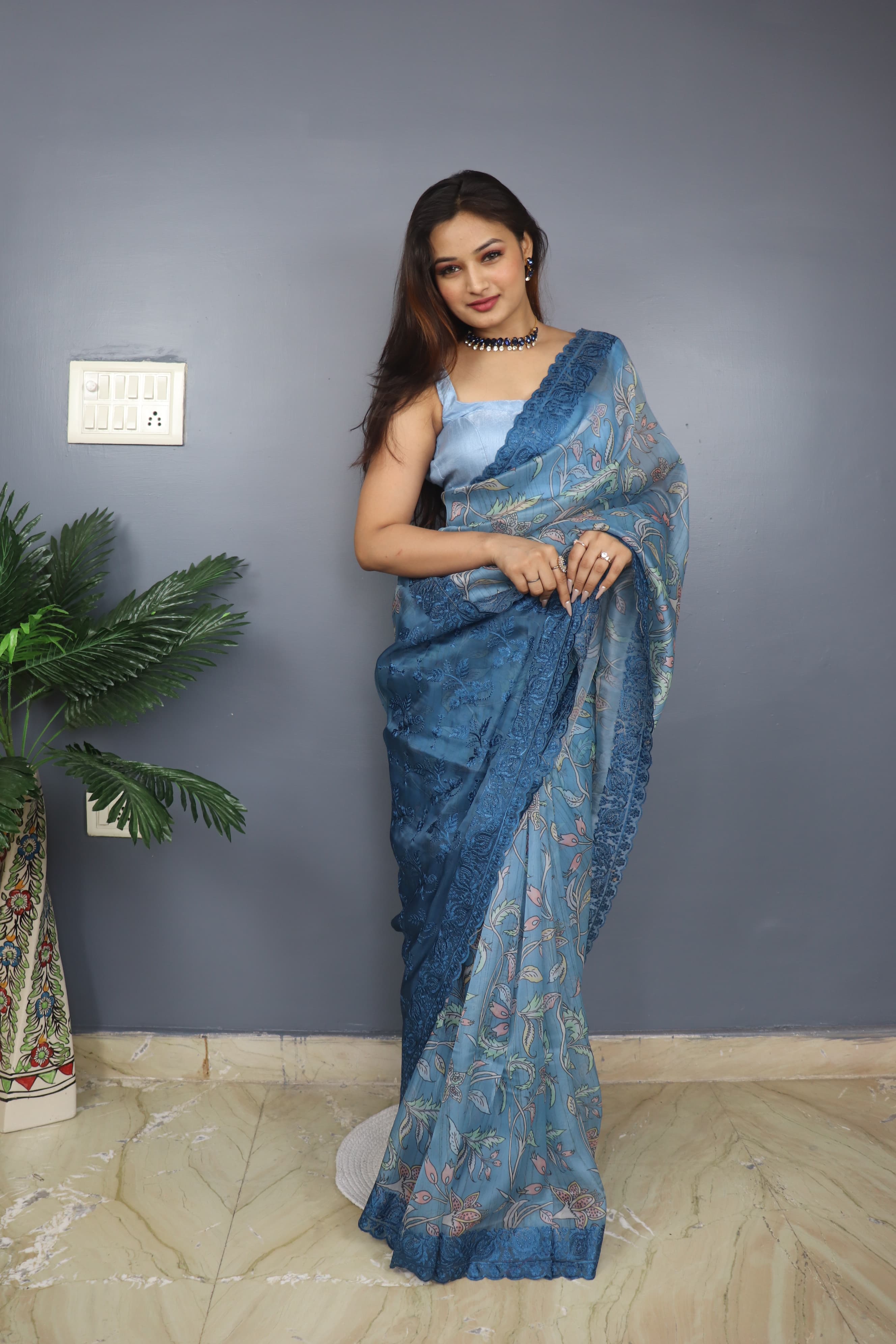 Organza Silk Sky Blue Beautiful Kalamkari Print Saree