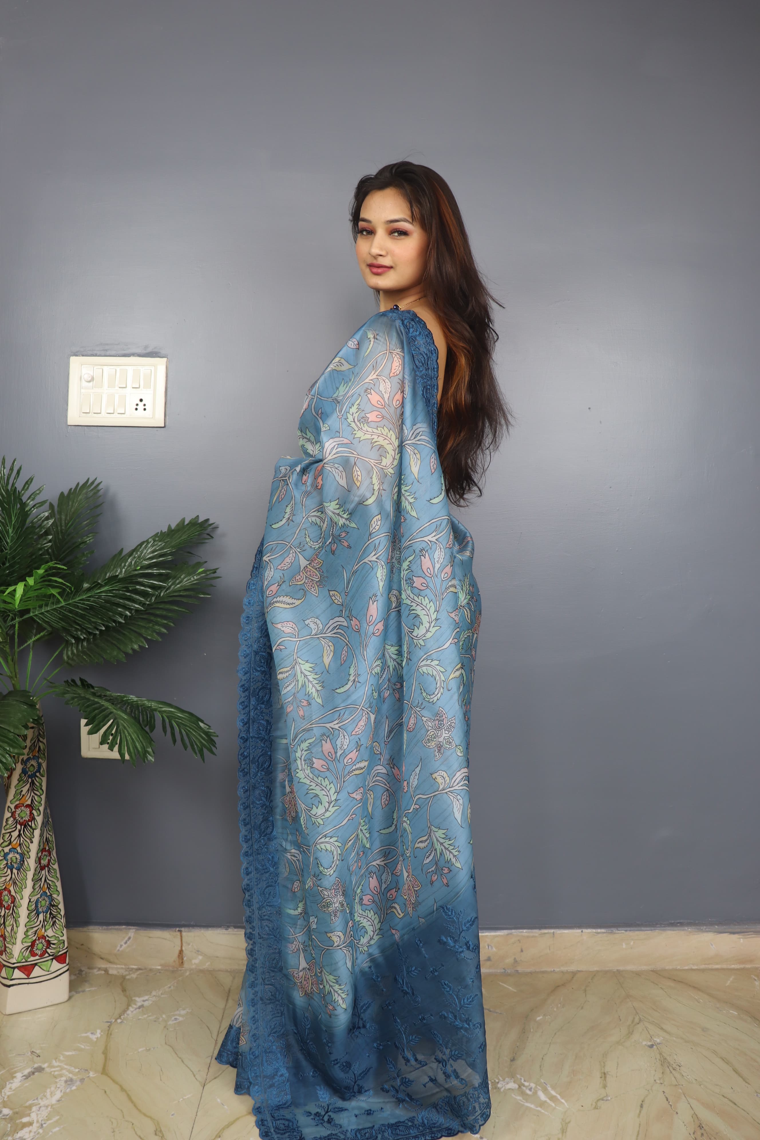 Organza Silk Sky Blue Beautiful Kalamkari Print Saree