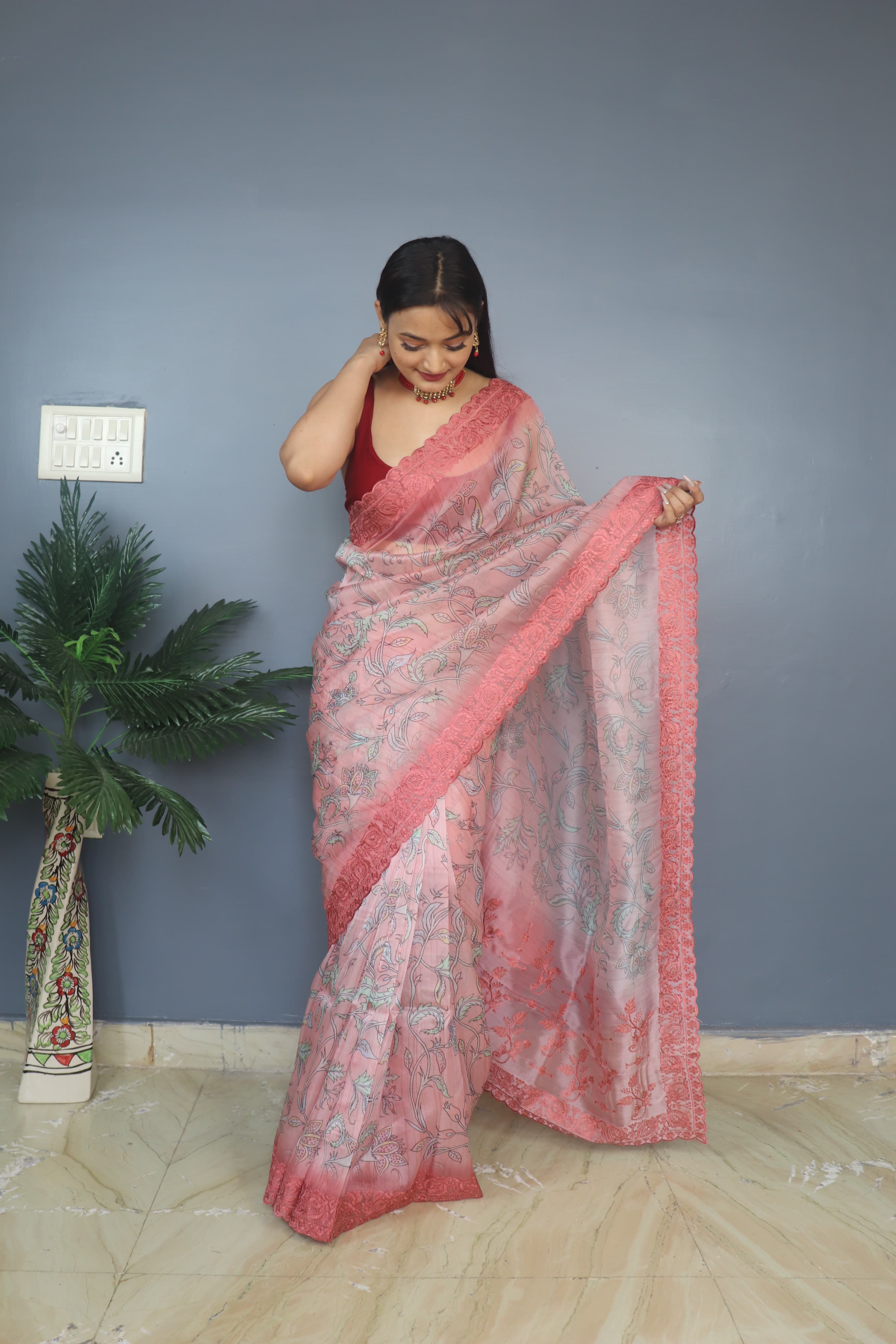 Organza Silk Red Beautiful Kalamkari Print Saree