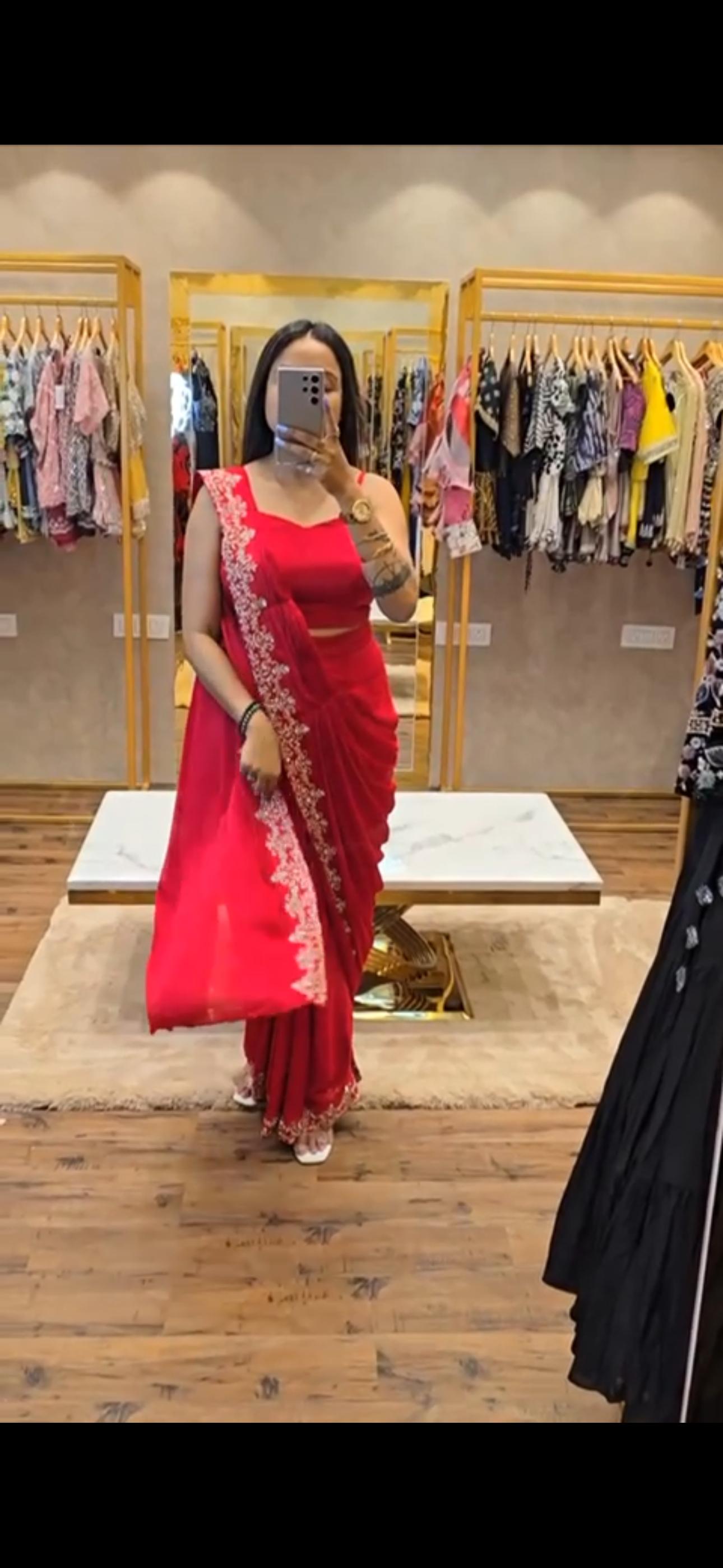 Graceful Embroidery Work Red Color Saree