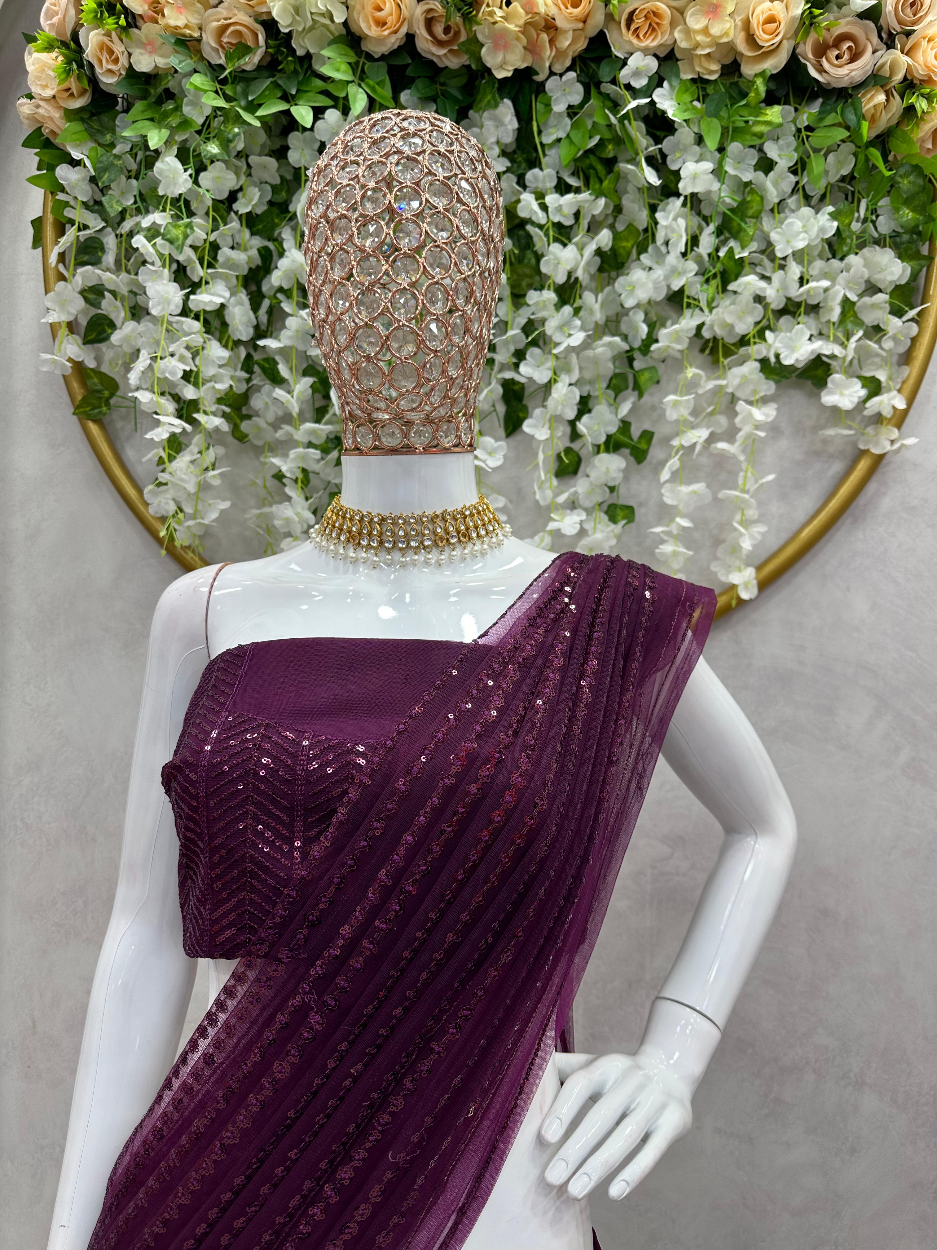 Mesmerizing Thread With Sequence Work Wine Color Saree