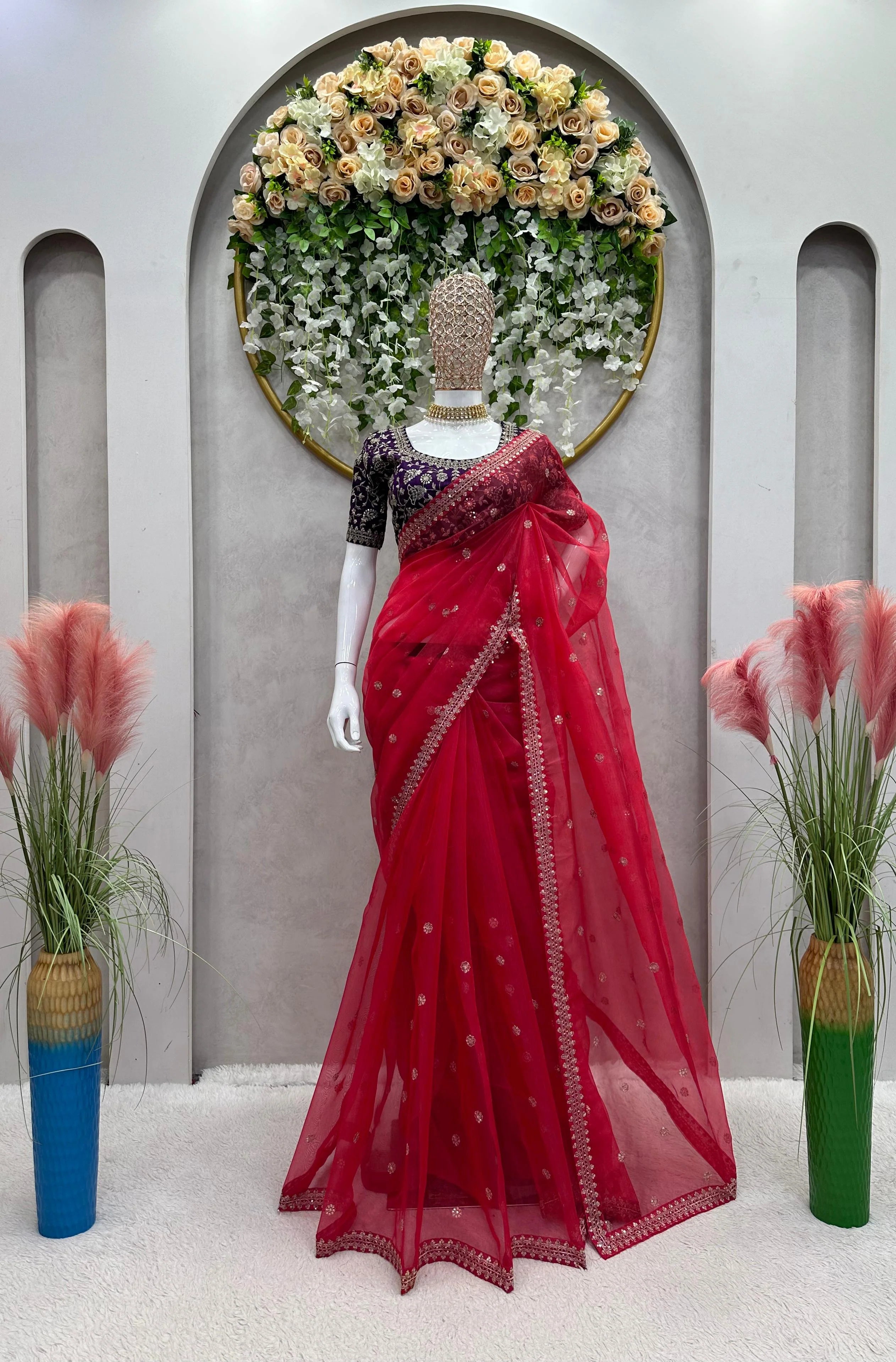 Wonderful Red Color Sequence Work Organza Saree