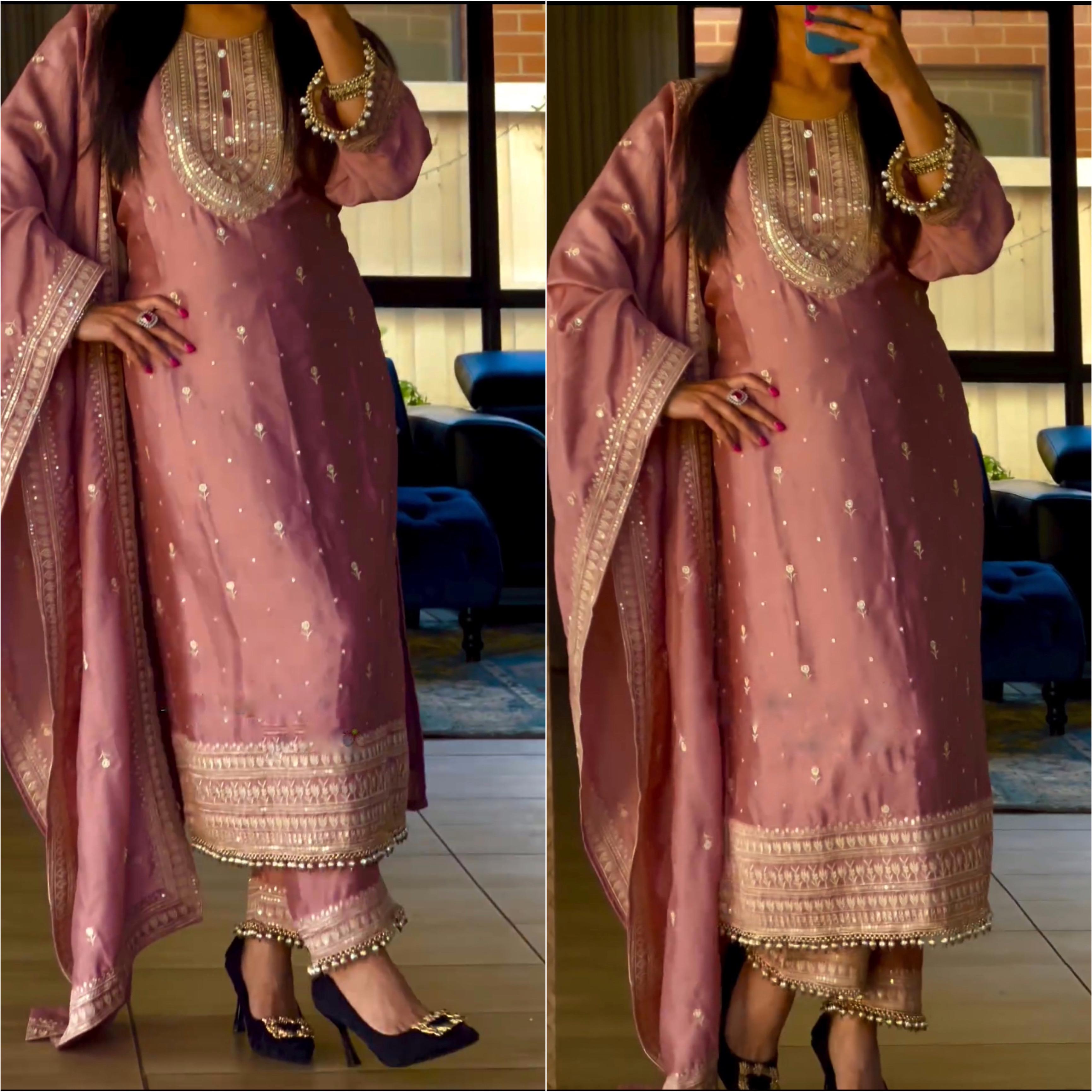 Superb Peach Color Chinnon Silk Embroidery Salwar Suit