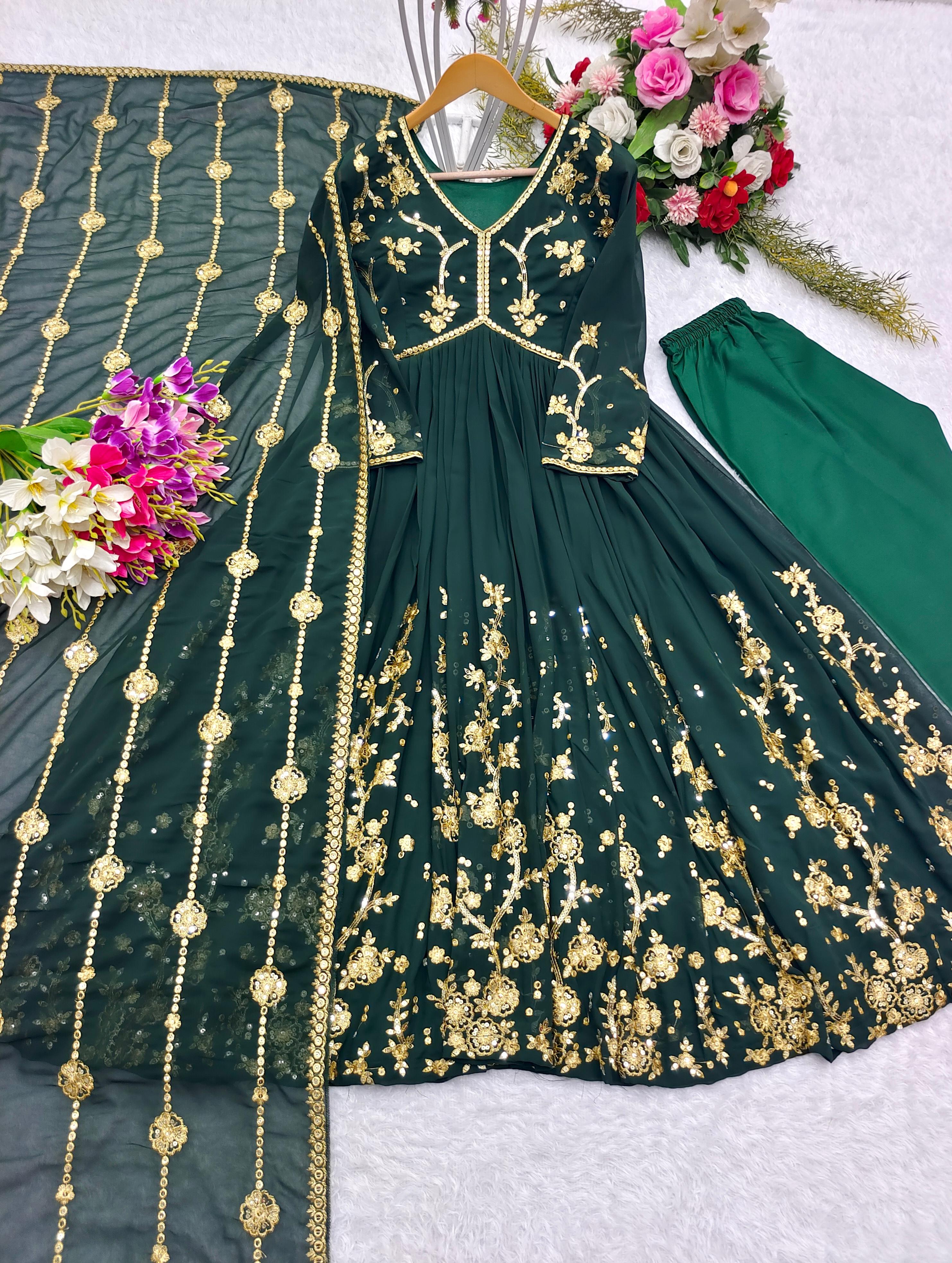 Traditional Wear Embroidery Work Green Color Gown