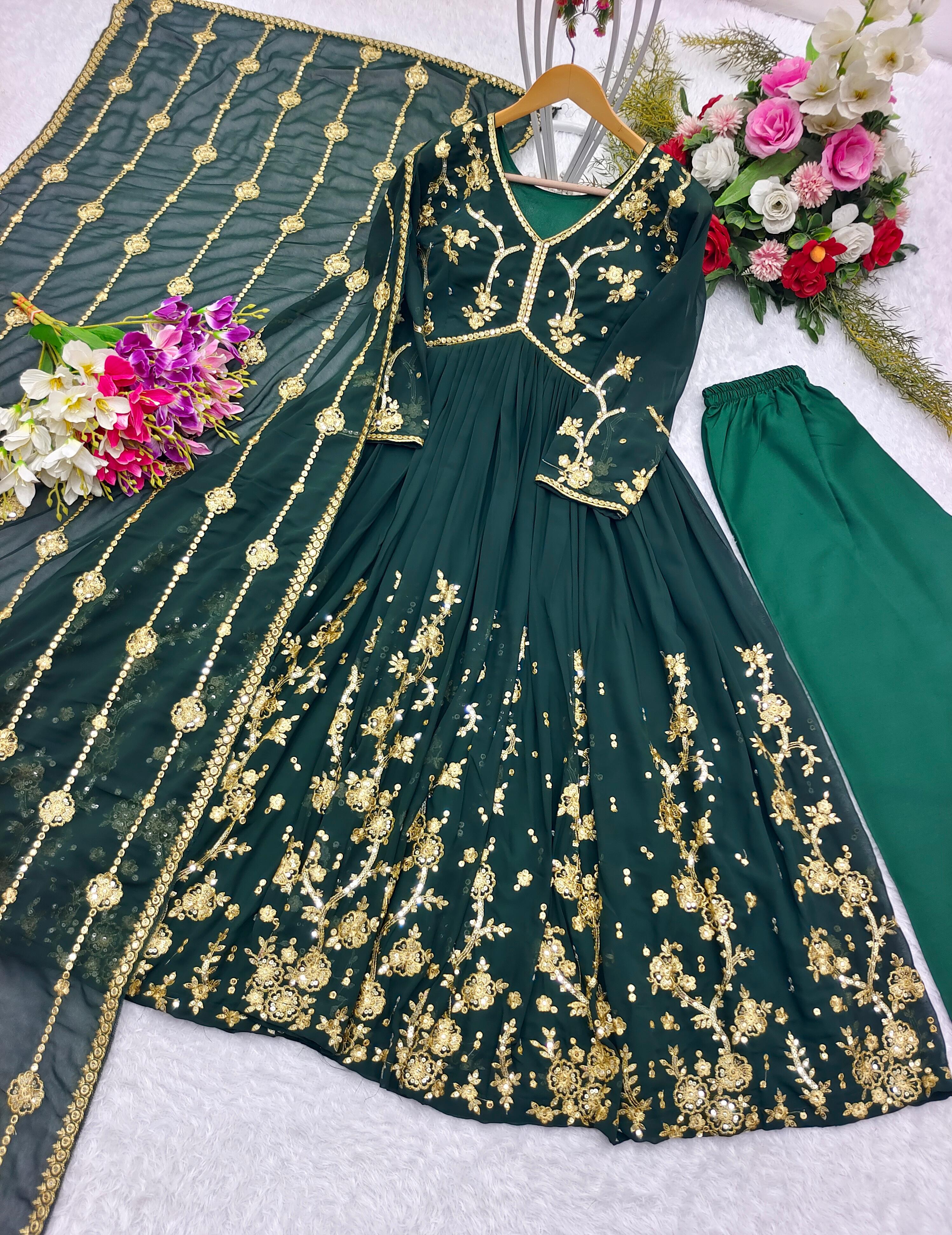 Traditional Wear Embroidery Work Green Color Gown