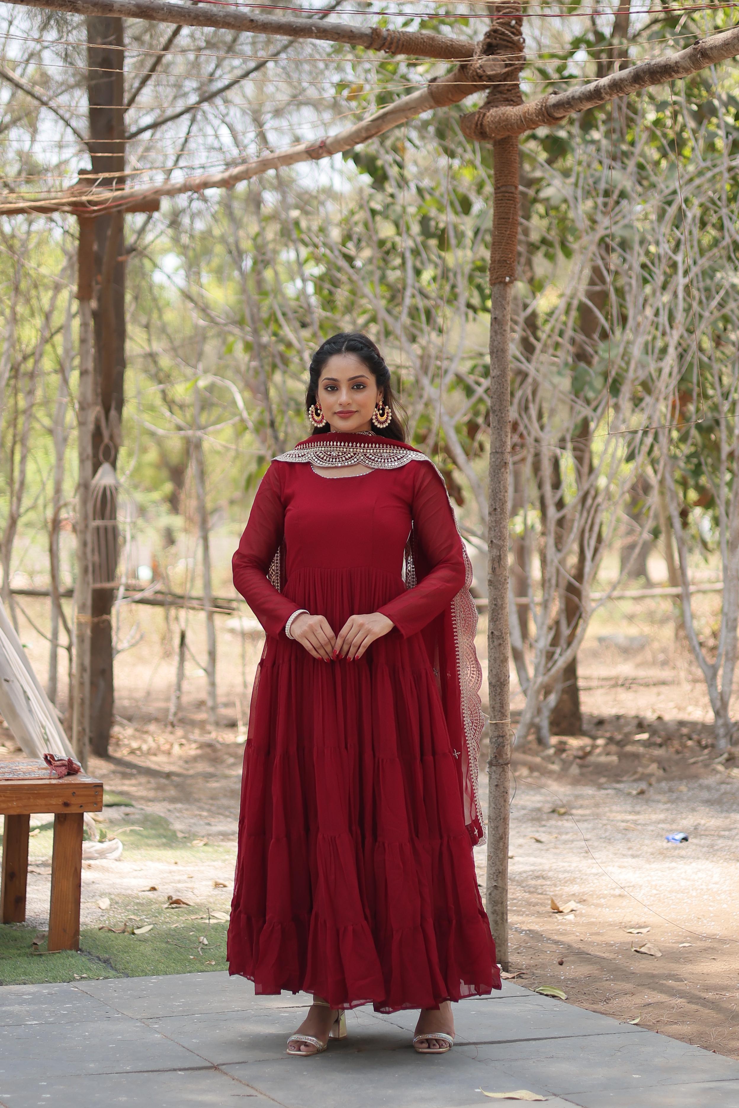 Precious Maroon Color Ruffle Flare Gown With Heavy Dupatta