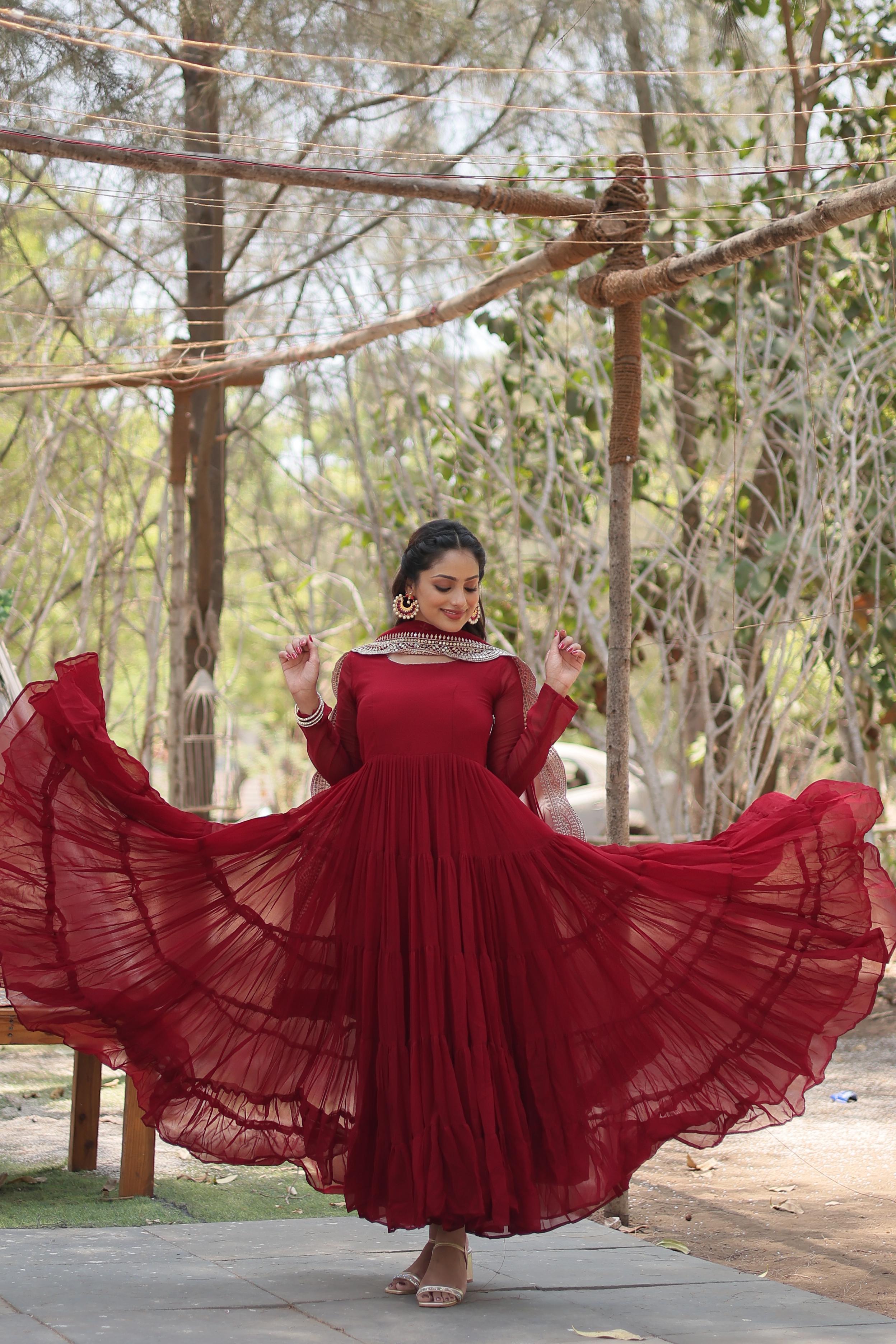 Precious Maroon Color Ruffle Flare Gown With Heavy Dupatta