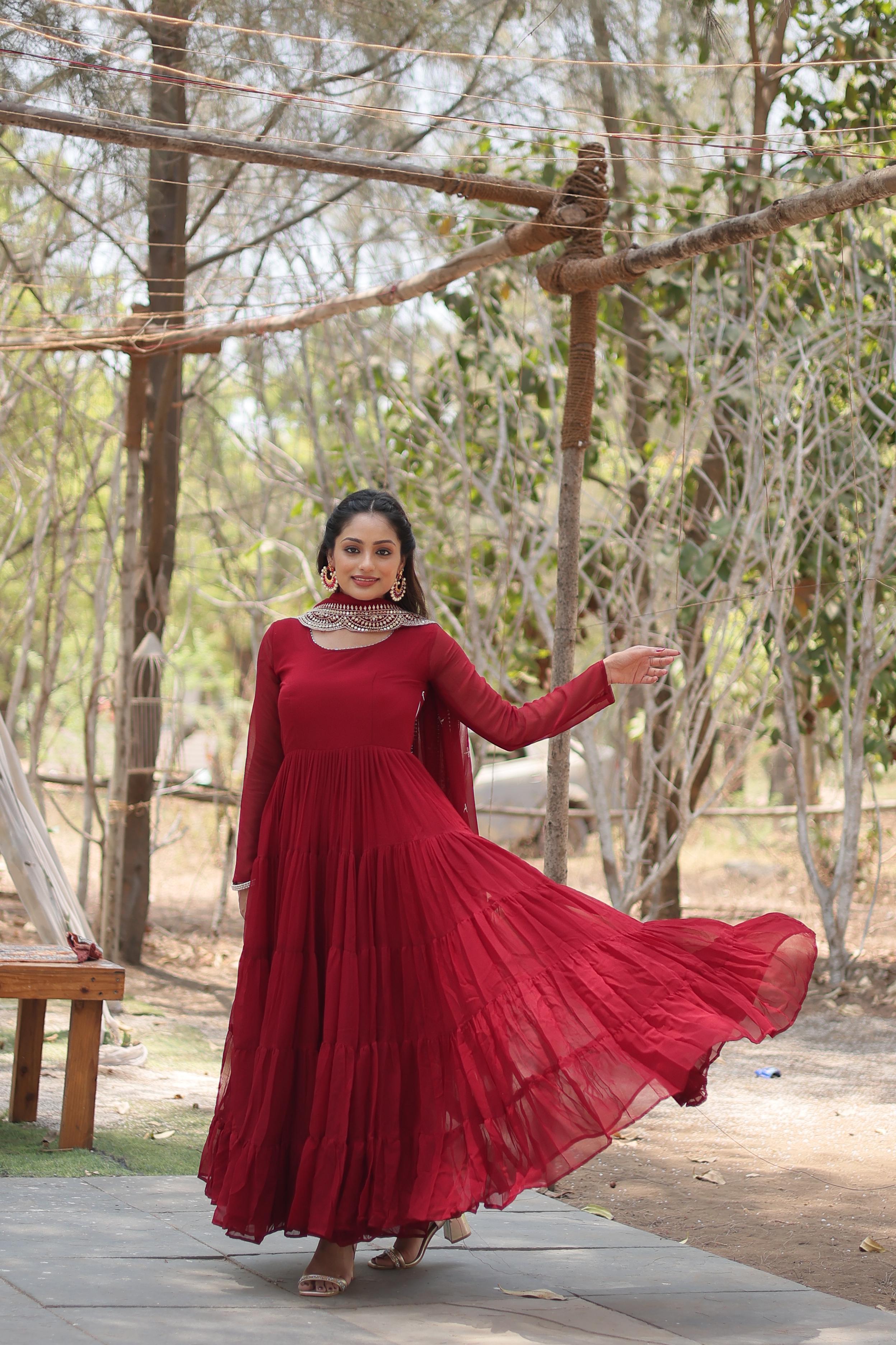 Precious Maroon Color Ruffle Flare Gown With Heavy Dupatta