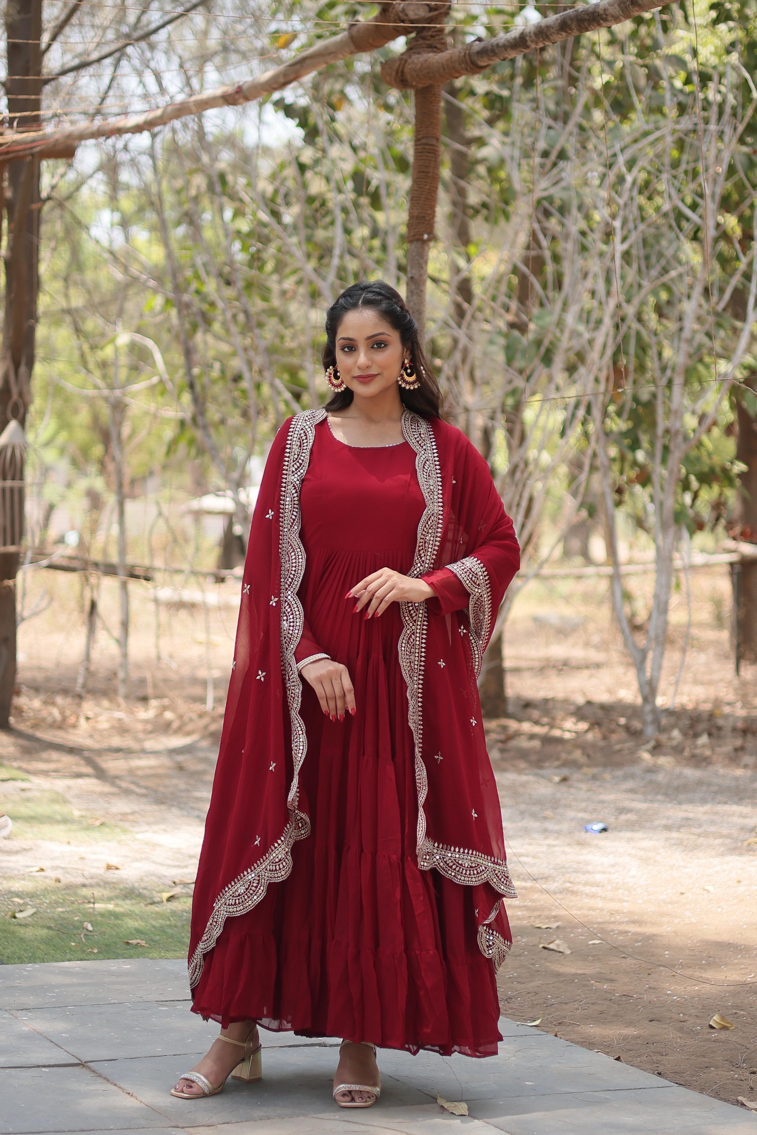 Precious Maroon Color Ruffle Flare Gown With Heavy Dupatta