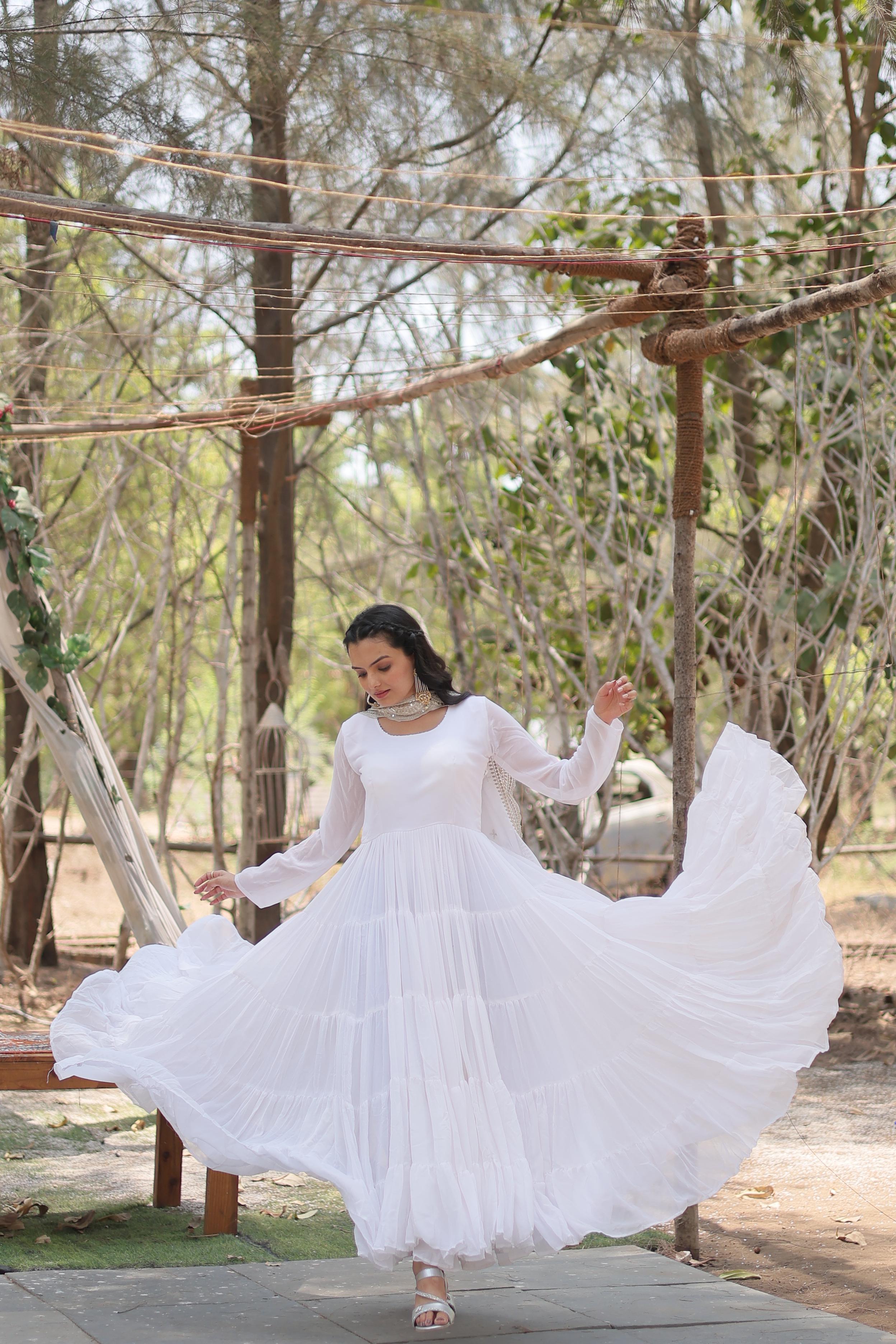 Precious White Color Ruffle Flare Gown With Heavy Dupatta