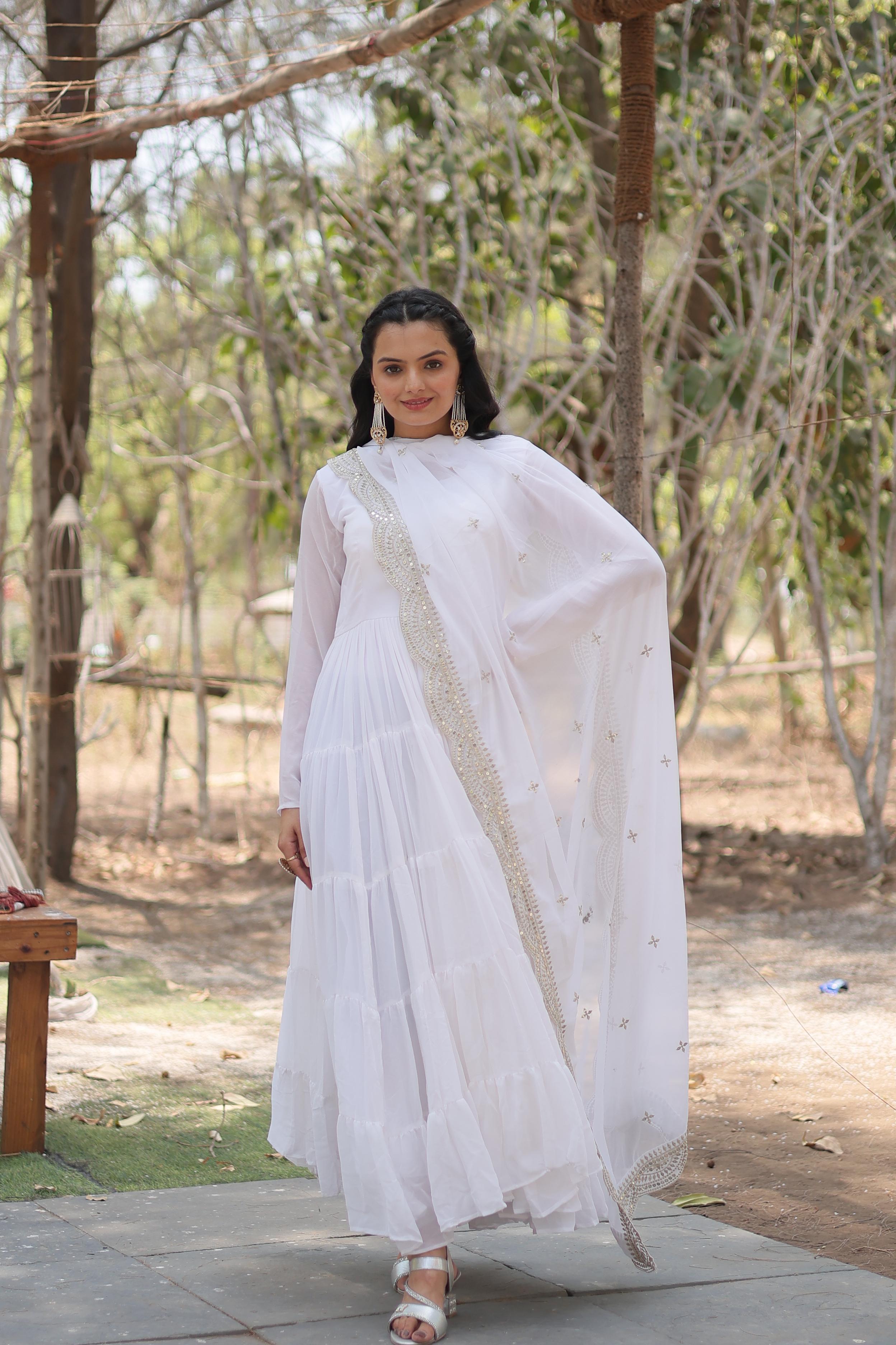 Precious White Color Ruffle Flare Gown With Heavy Dupatta