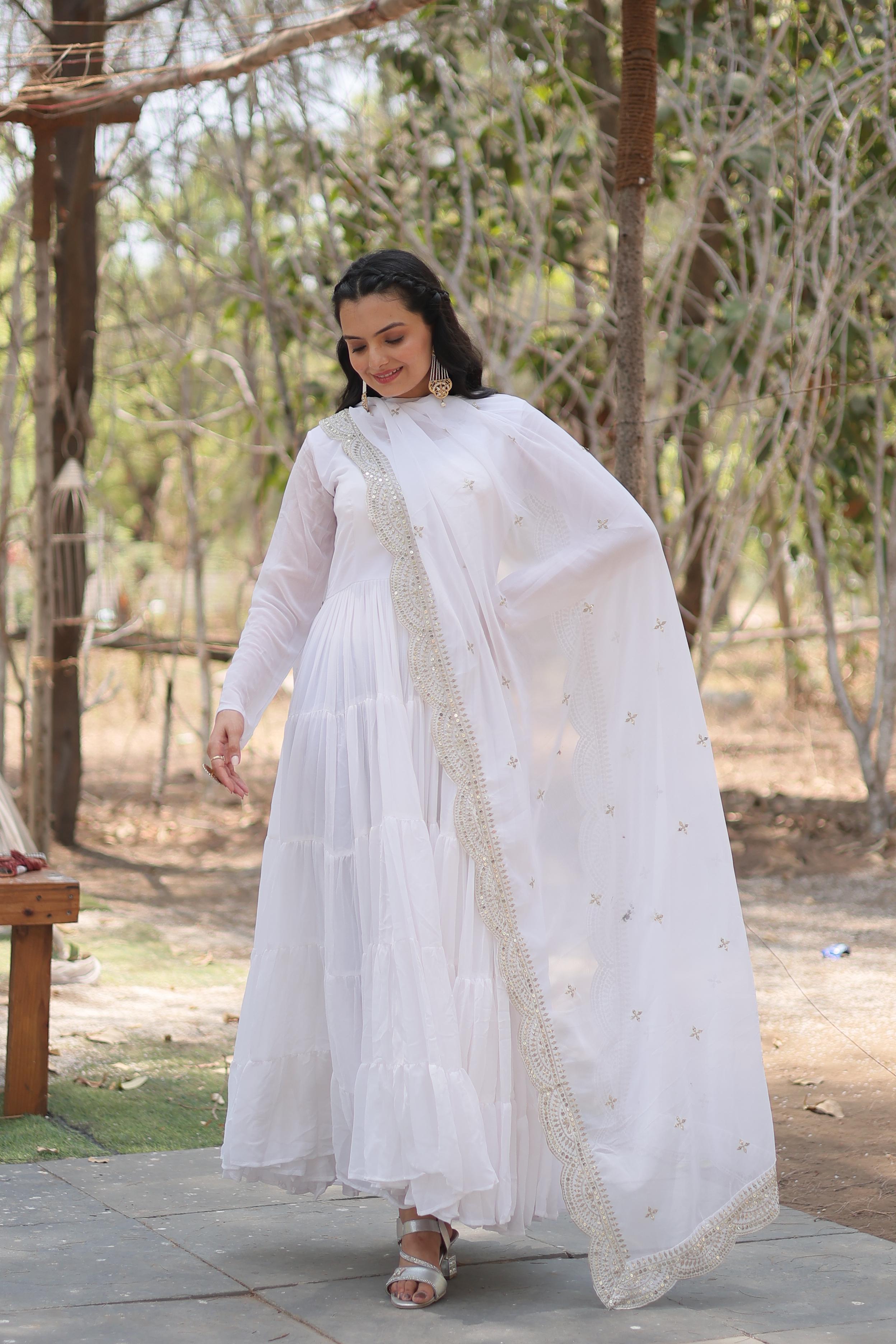 Precious White Color Ruffle Flare Gown With Heavy Dupatta