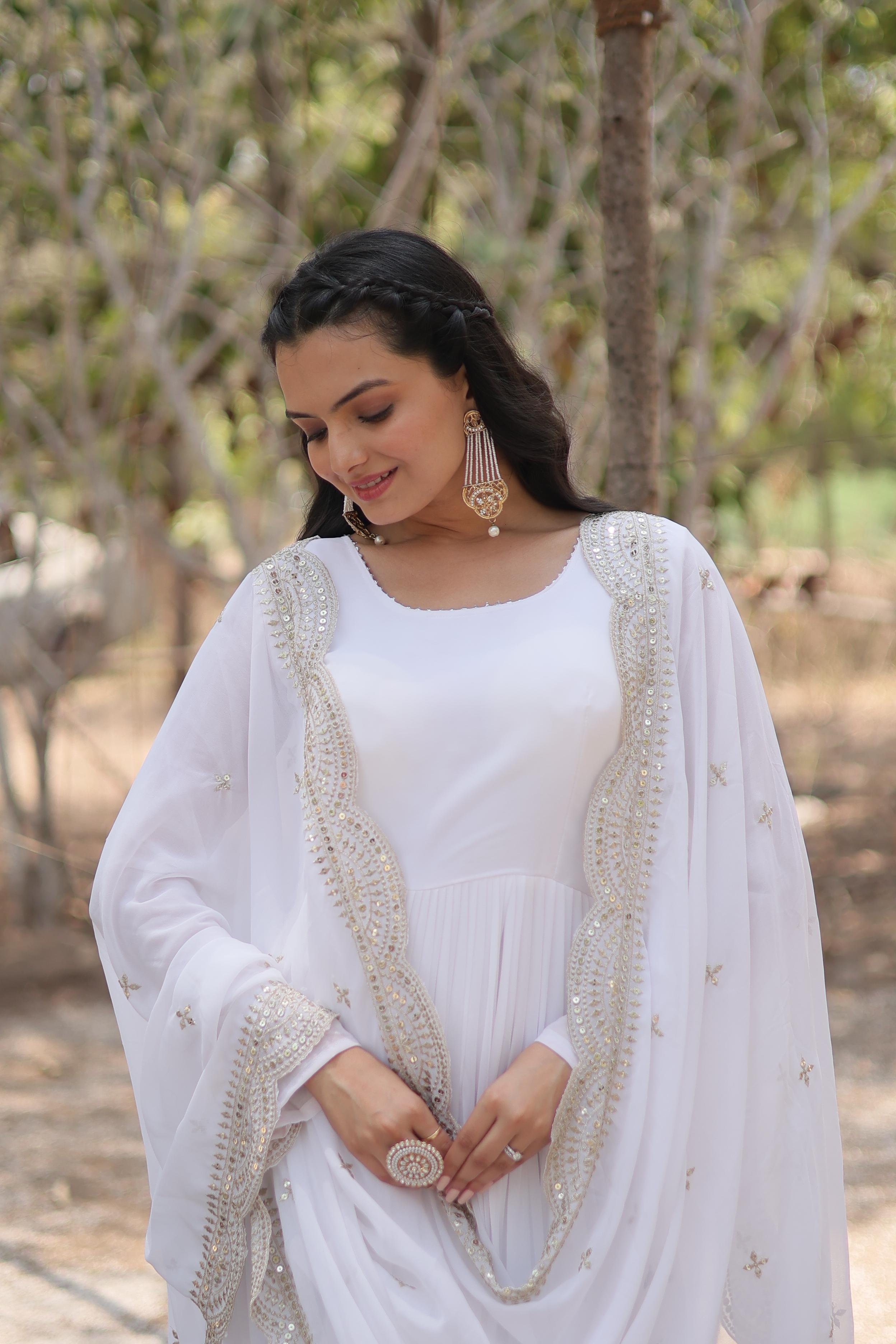 Precious White Color Ruffle Flare Gown With Heavy Dupatta