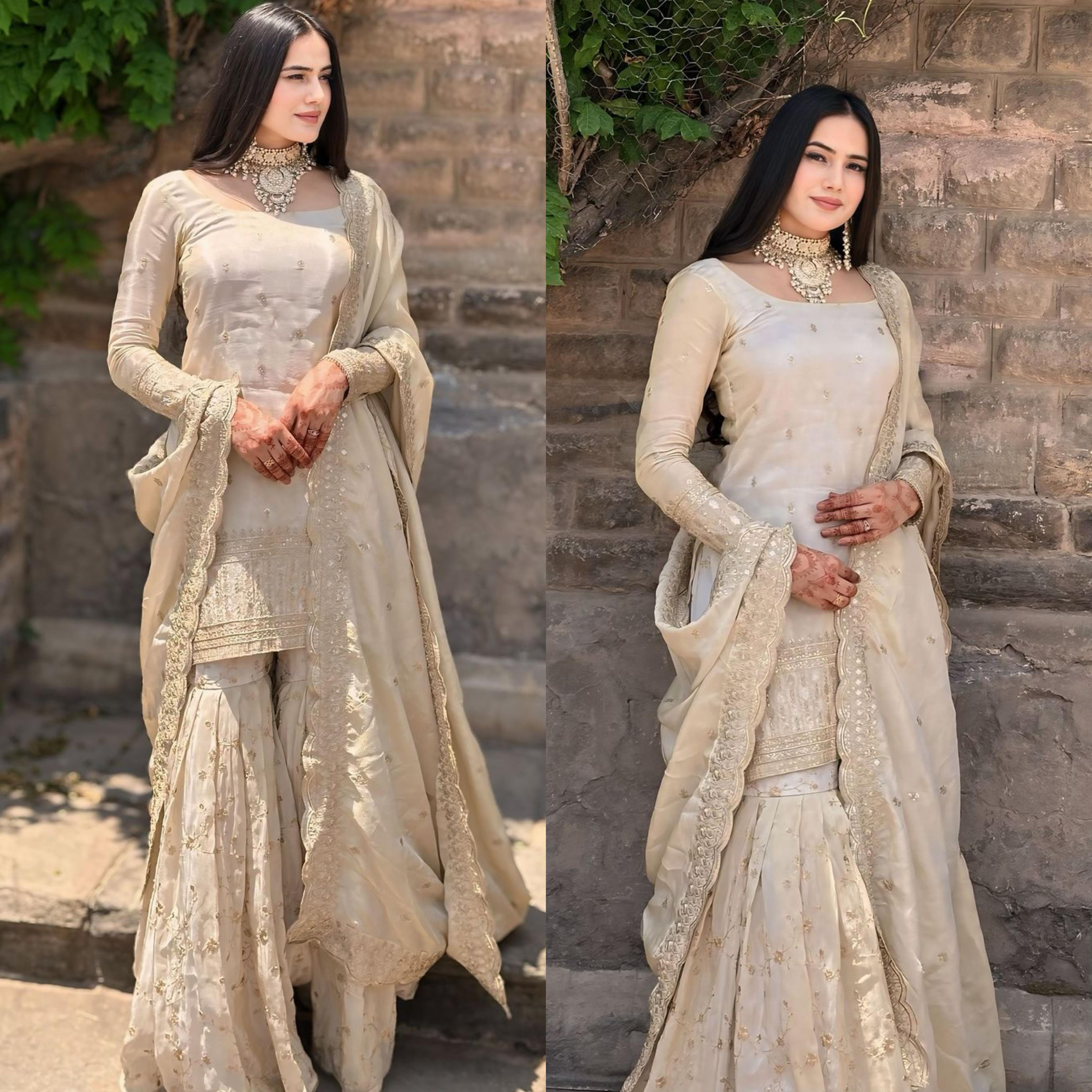 Majestic Cream Chinon Silk Embroidery Sequence Salwar Suit