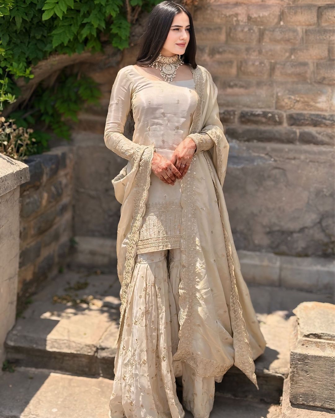 Majestic Cream Chinon Silk Embroidery Sequence Salwar Suit