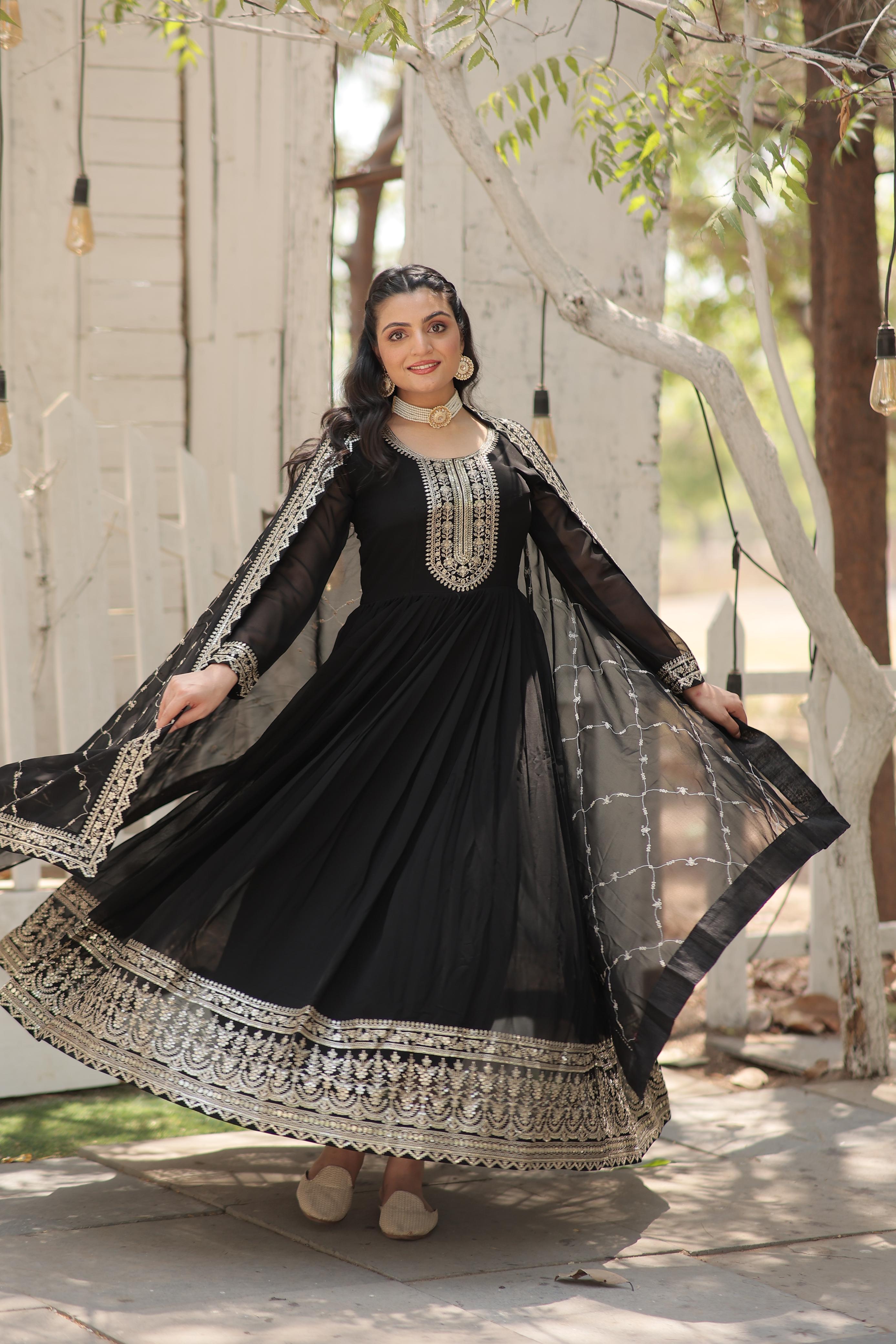 Fantastic Black Color Embroidered Work Gown